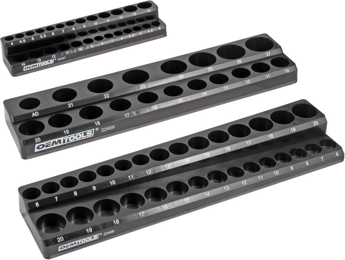 OEMTOOLS 22487 3 Piece Metric Magnetic Socket Organizers for Toolboxes, Socket Holder, Black Tool Box Organizer | Metric Magnetic Socket Holder, Non-Marring Rubberized Base Socket Holders, 1/4, 3/8, 1/2 Inch Sizes, Clearly Marked Sizes
