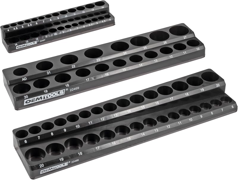 OEMTOOLS 22487 3 Piece Metric Magnetic Socket Organizers for Toolboxes, Socket Holder, Black Tool Box Organizer | Metric Magnetic Socket Holder, Non-Marring Rubberized Base Socket Holders, 1/4, 3/8, 1/2 Inch Sizes, Clearly Marked Sizes