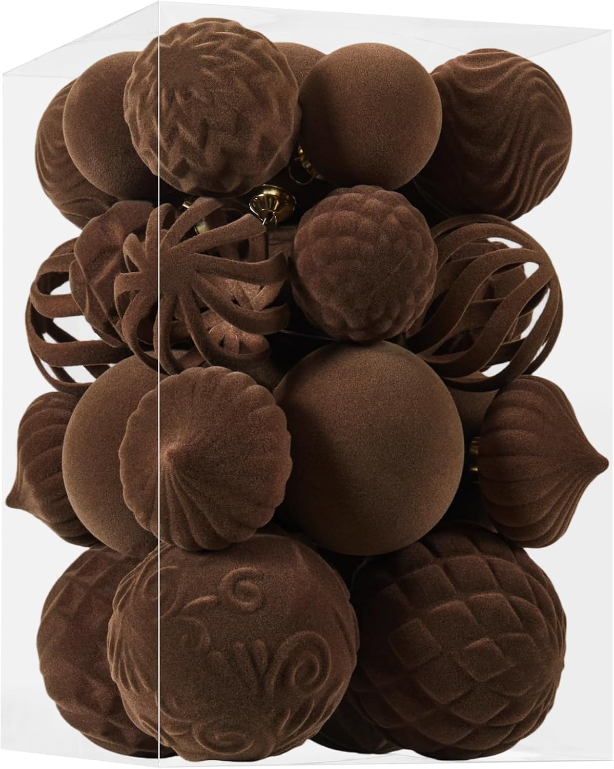 30pcs Velvet Christmas Ball Ornaments, Flocked Shatterproof Christmas Ornaments Hanging Xmas Tree Decorations Set for Home Party Holiday Decor (Multi-Size, Brown)