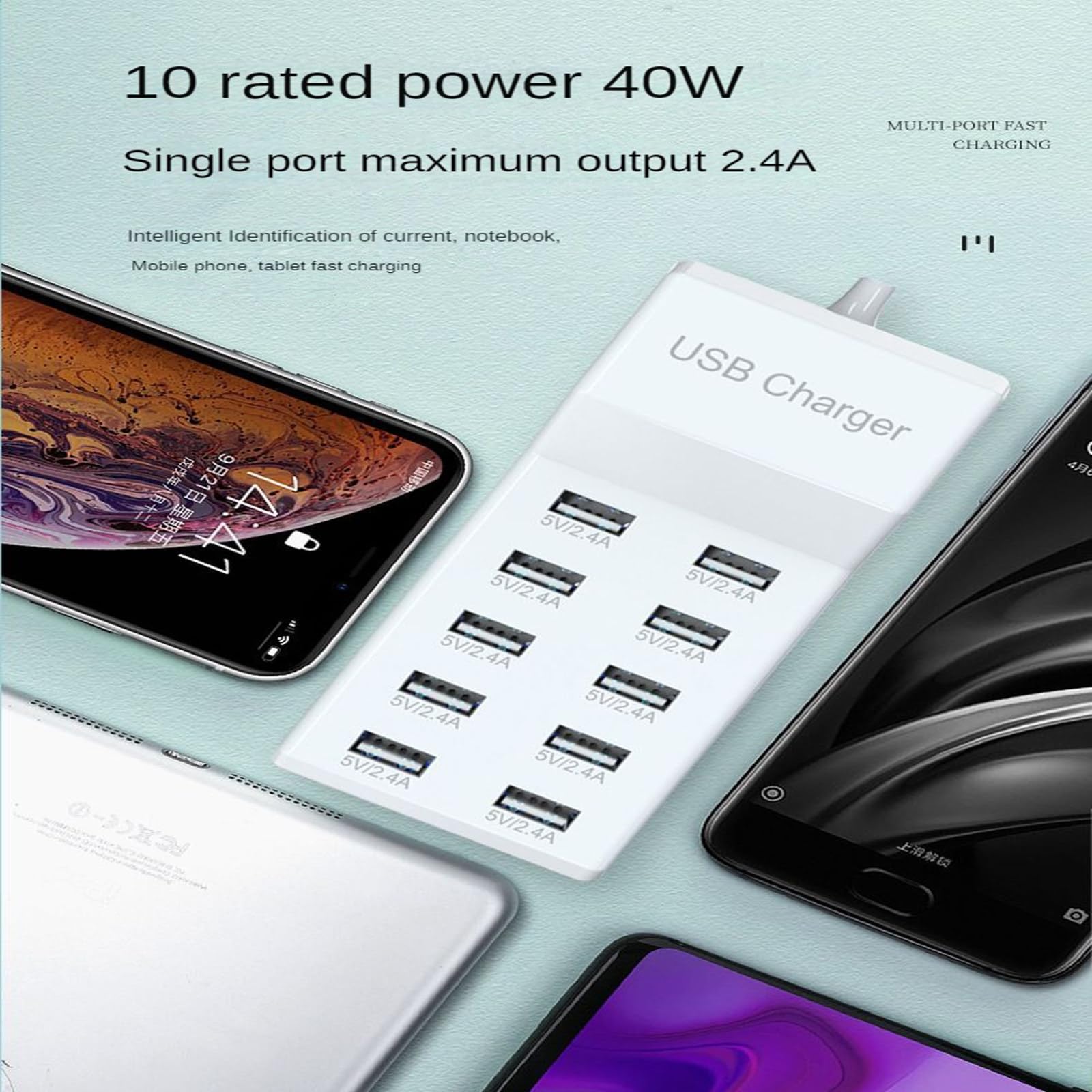 10-portowa ładowarka USB Multi-Port 5V2.4A 10-portowa ładowarka do telefonu komórkowego Pile Row Plug 40W stacja ładująca szybkie ładowanie, B
