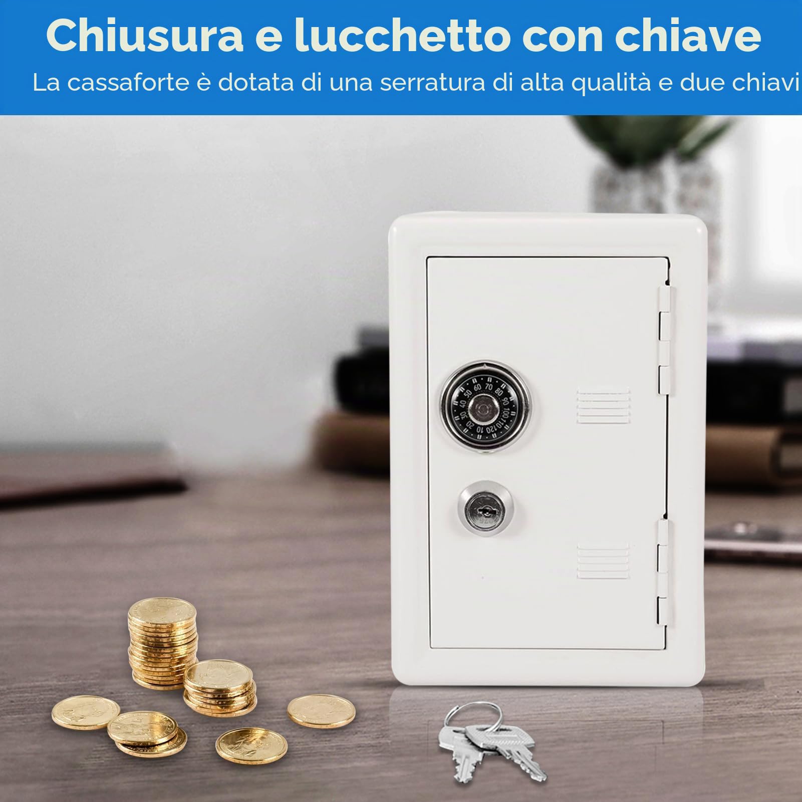 Cassaforte per risparmi, Salvadanaio in metallo a forma di cassaforte con 2 chiave, gettoniera mini banca sicura contenitore per barattolo, Salvadanaio Password con fessura per monete per bambini