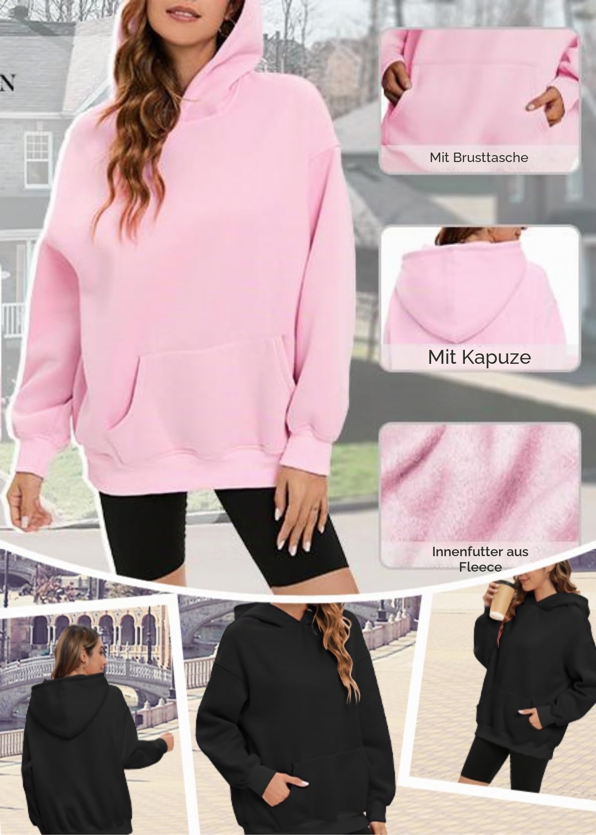 Famulily Oversized Hoodie Damen Langarm Sweatshirt Herbst Winter Thermofleece Tops mit Taschen S-XL
