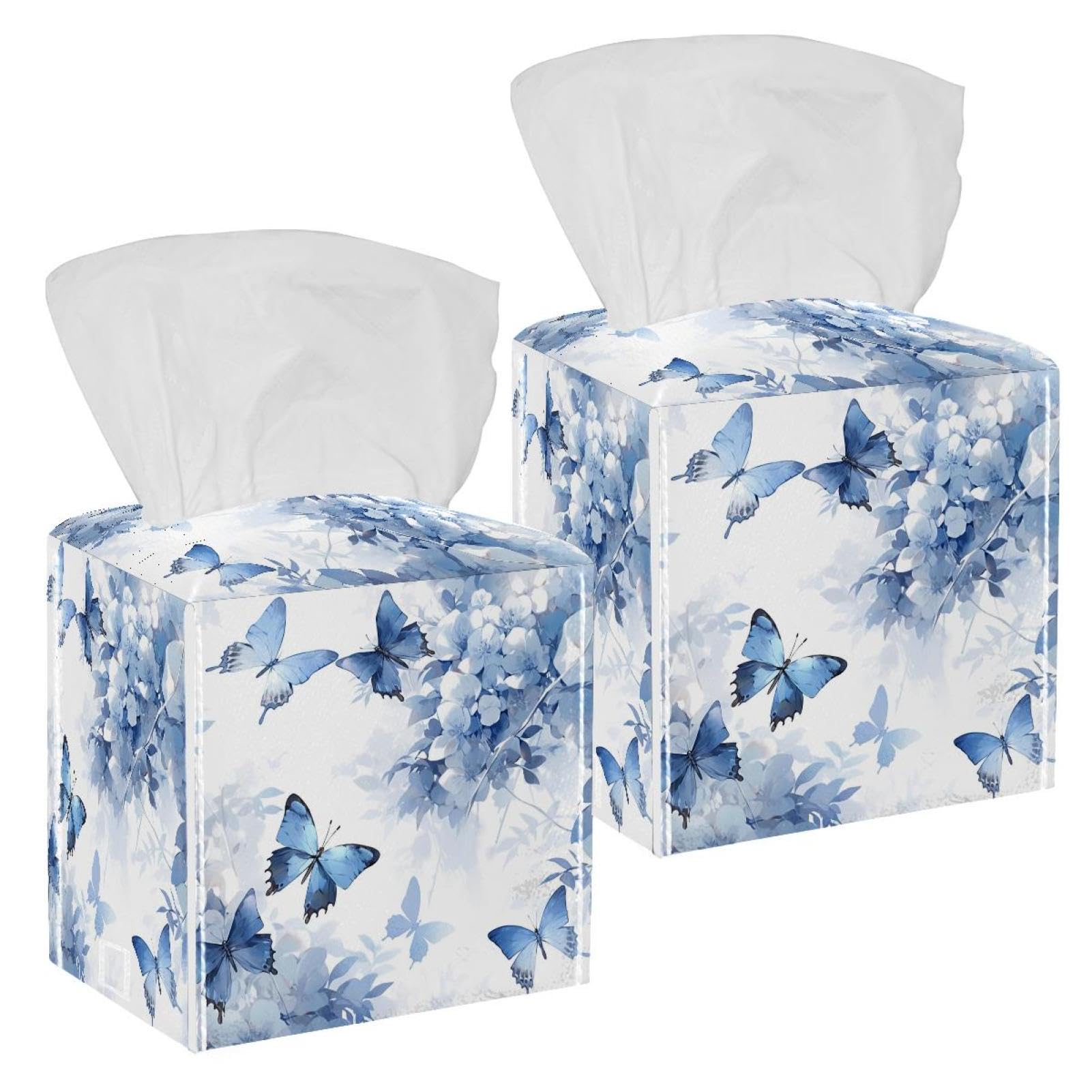 Aesthetic Butterfly Tissue Box Cover, 2 Pack PU Leather Square Facial Tissue Dispenser Box holder for Home Office Car