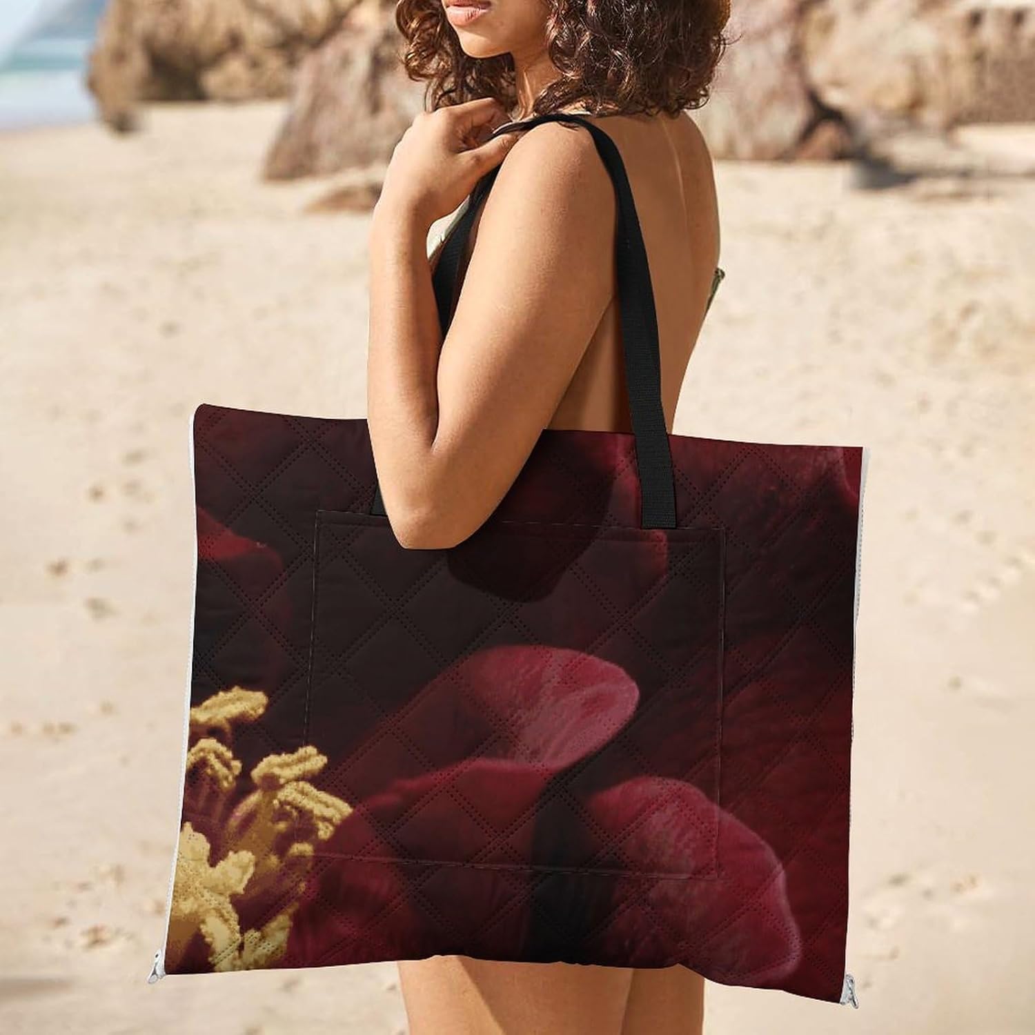 Red Black Rose Picnic Blanket 150x100cm, Foldable 2-in-1 Picnic Mat and Tote Bag Portable Waterproof Beach Mat Sandproof Outdoor Blanket for Park, Hiking, Beach, Camping, Travel