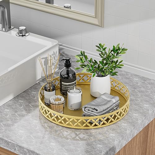 EKNITEY Bandeja de tocador para mostrador de baño, maquillaje de perfume para tocadores, velas redondas doradas, almacenamiento decorativo,