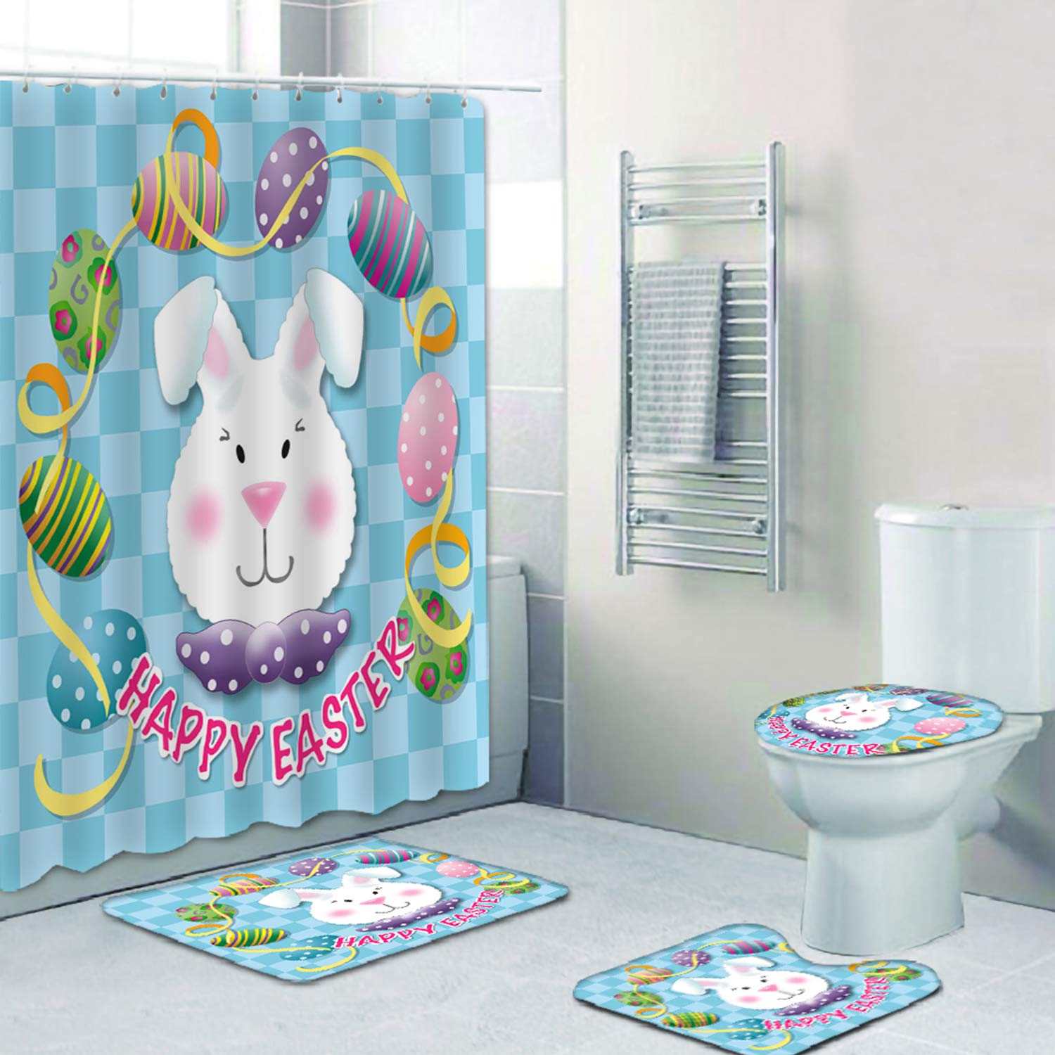 RLHHUG Easter Bunny Shower Curtain Sets with Rugs, Cute Shower Curtain 72x72In for Bathroom Decor, Waterproof Durable Shower Curtain with Hooks, Bath Mat, Toilet Contour Mat and Lid Cover