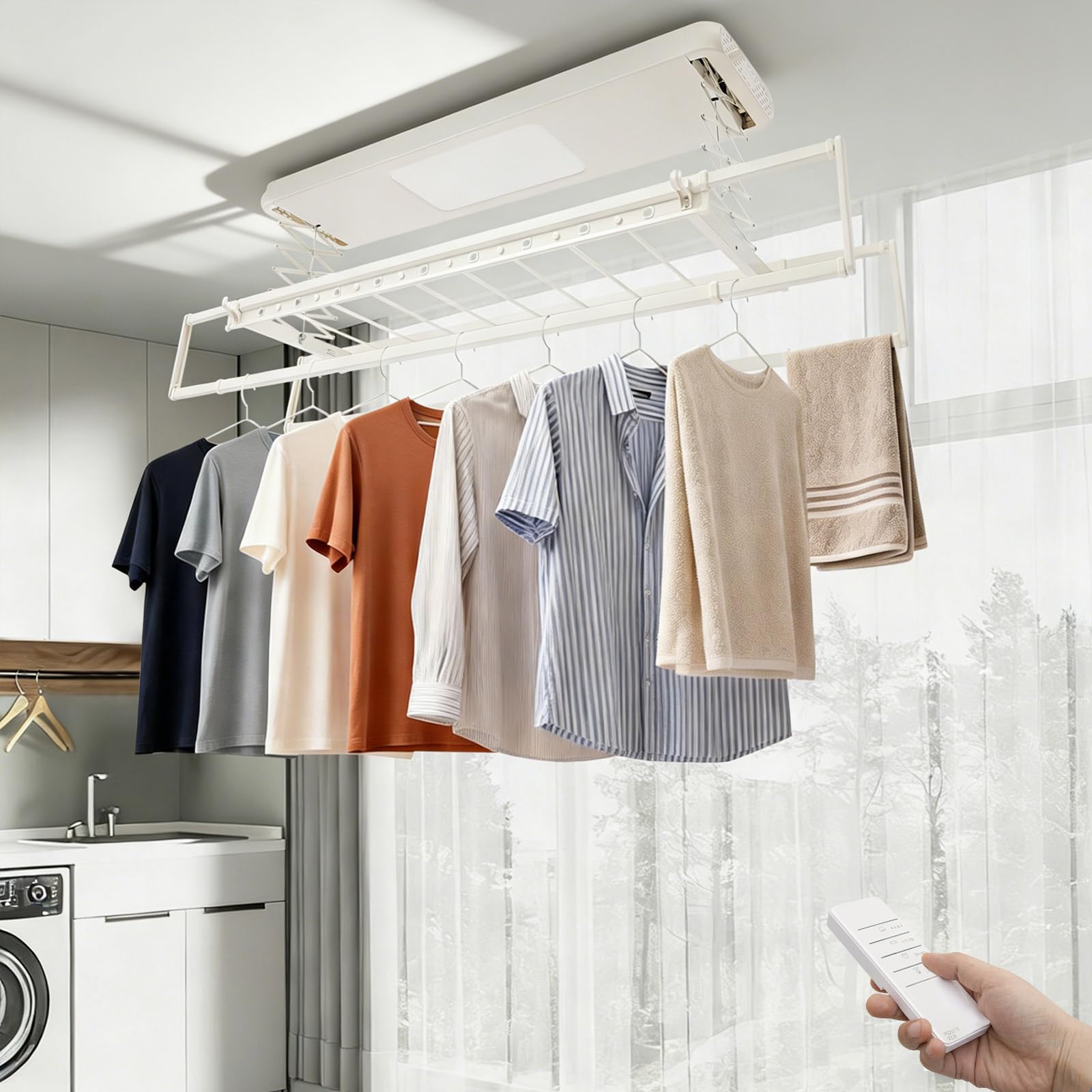 Stendibiancheria elettrico a parete, stendino da parete con telecomando, supporto a soffitto, estensibile, pieghevole, per balconi, lavanderie (bianco)
