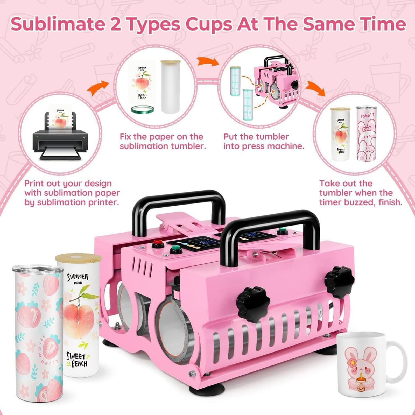 Máquina de prensa de calor para tazas, sublimación de 1000 W para acero inoxidable, cerámica y vidrio, paneles LCD dobles controlados independientemente para un fácil funcionamiento