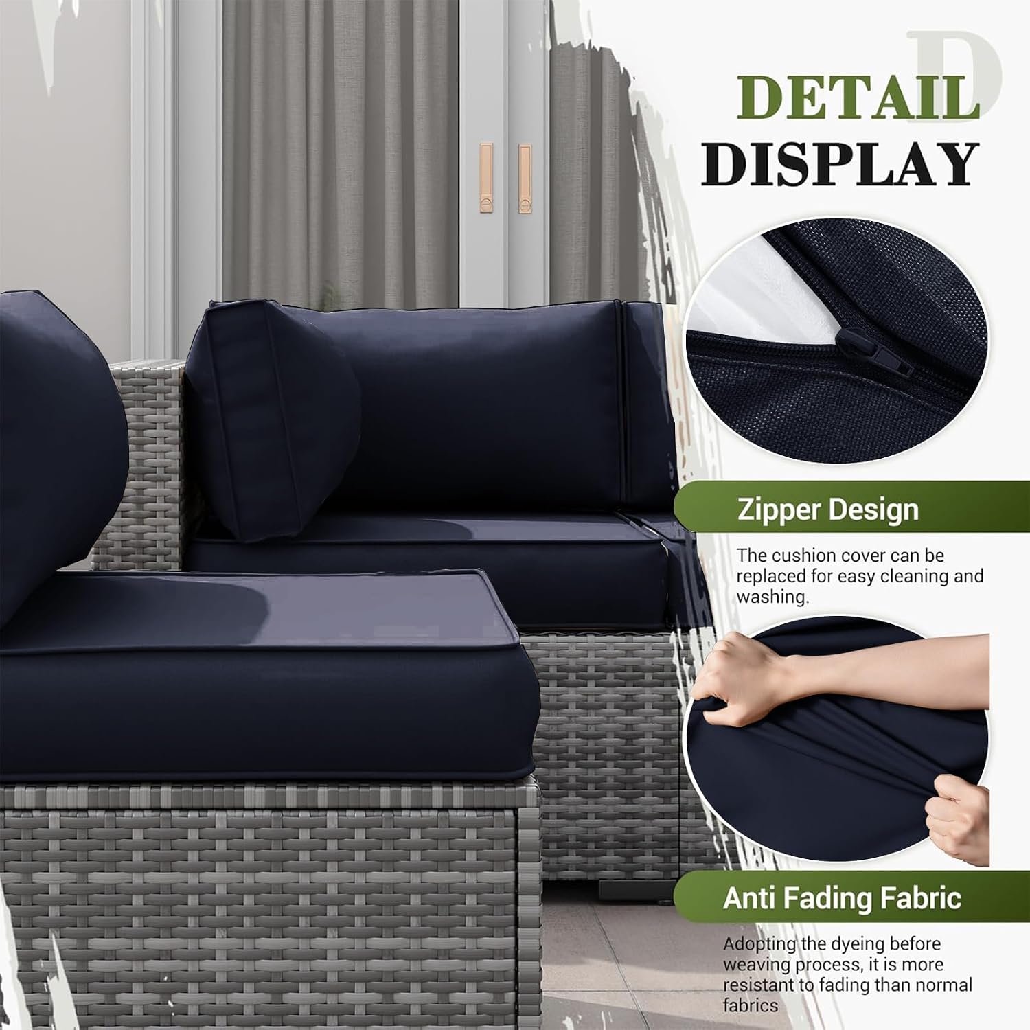 14Pcs Outdoor Sectional Replacement Cushions, Waterproof Furniture Cushion, Outside Couch Coushions for 6-Seat Wicker Conversation Sets(Liner&Cover) (Navy Blue)