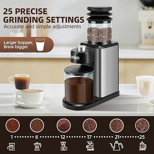 Miniatura 2 de Molinillo de café, Lonkion Molinillo de café cónico con 25 ajustes de molienda para 12 tazas, uso doméstico, diseño de gran capacidad, acero