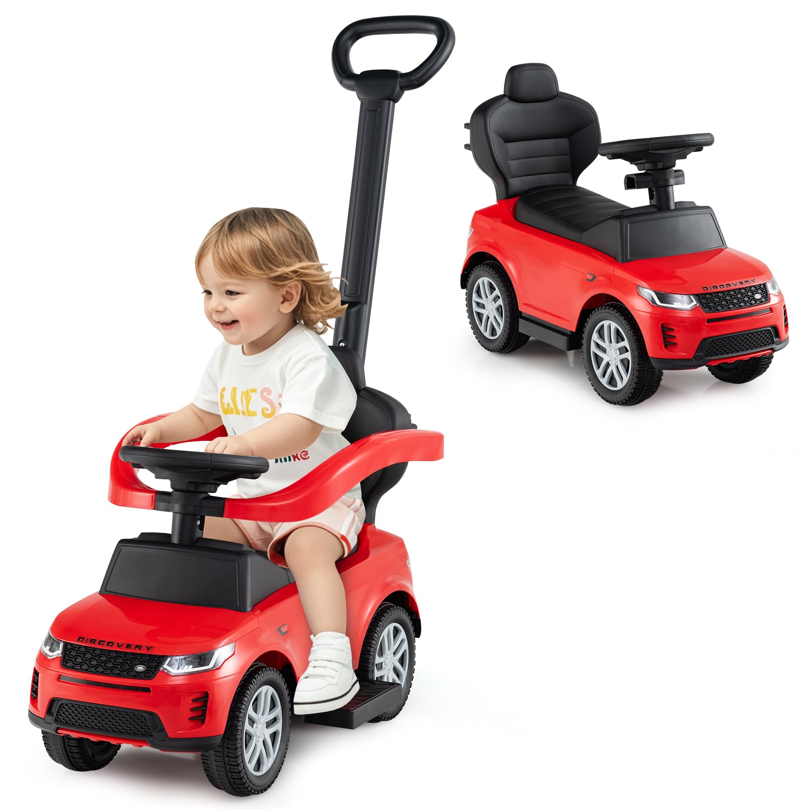 GOPLUS Porteur 3-en-1 Pousse Pousse Avec Auvent Réglable, Klaxon, Moteur Et Rangement – Charge 25 Kg, Rouge
