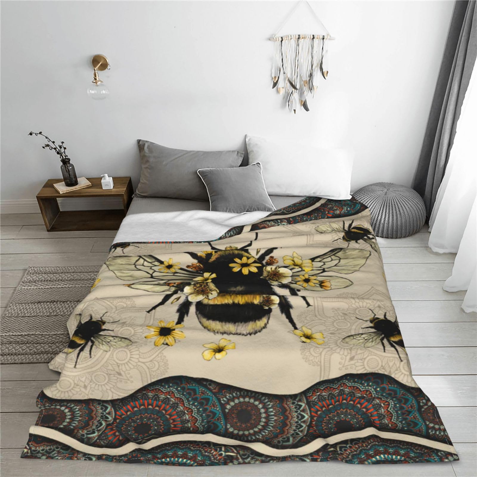 Manta con diseño de abejas y girasoles, súper cálida, suave, ligera, forro polar, franela, bohemio, para invierno, regalos para niñas, niños, bebés, mujeres, sofá, ropa de cama, 50 x 60 pulgadas