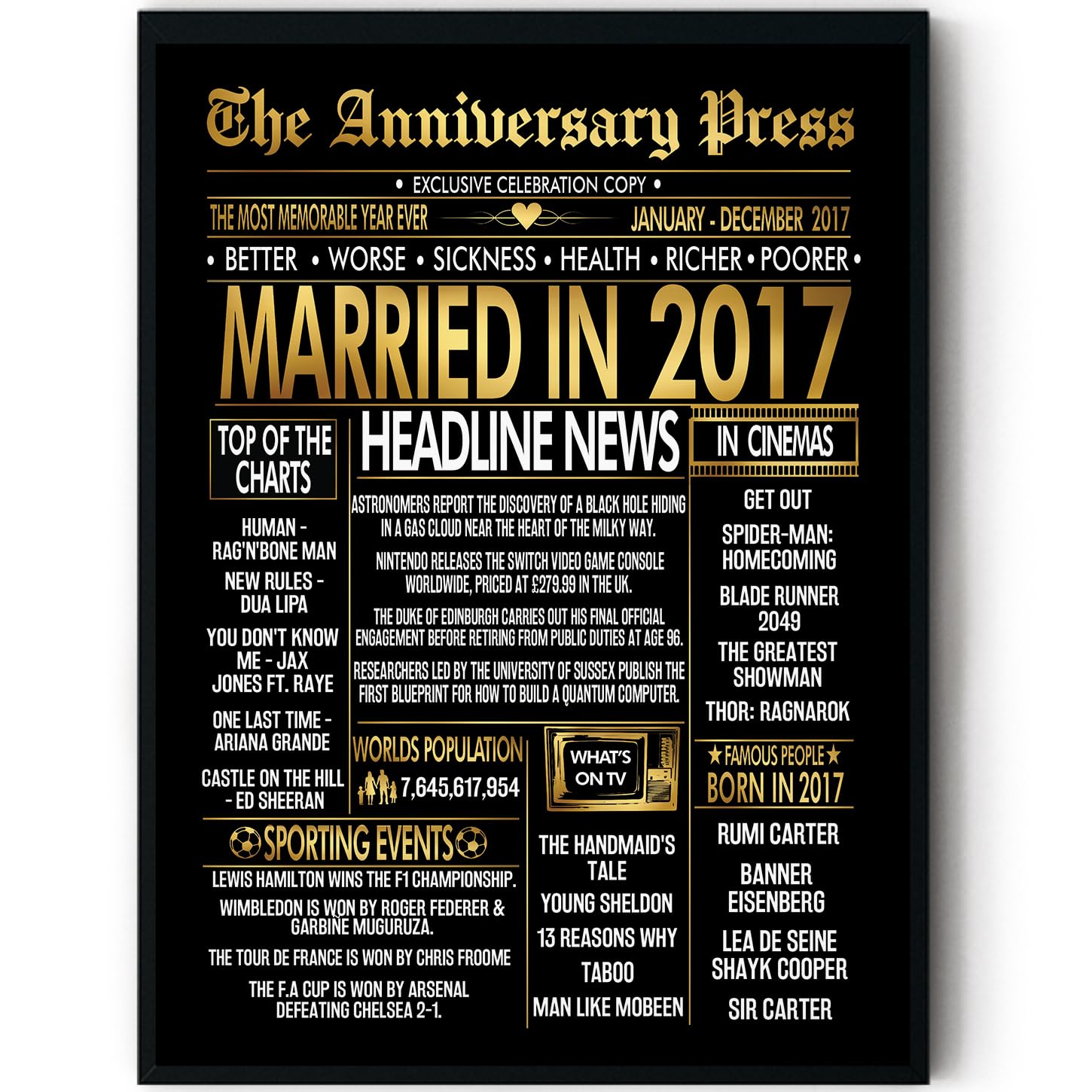Stuff4 Men's 2017 Gold 9Th Anniversary Poster Framed, Golden Married In Newspaper