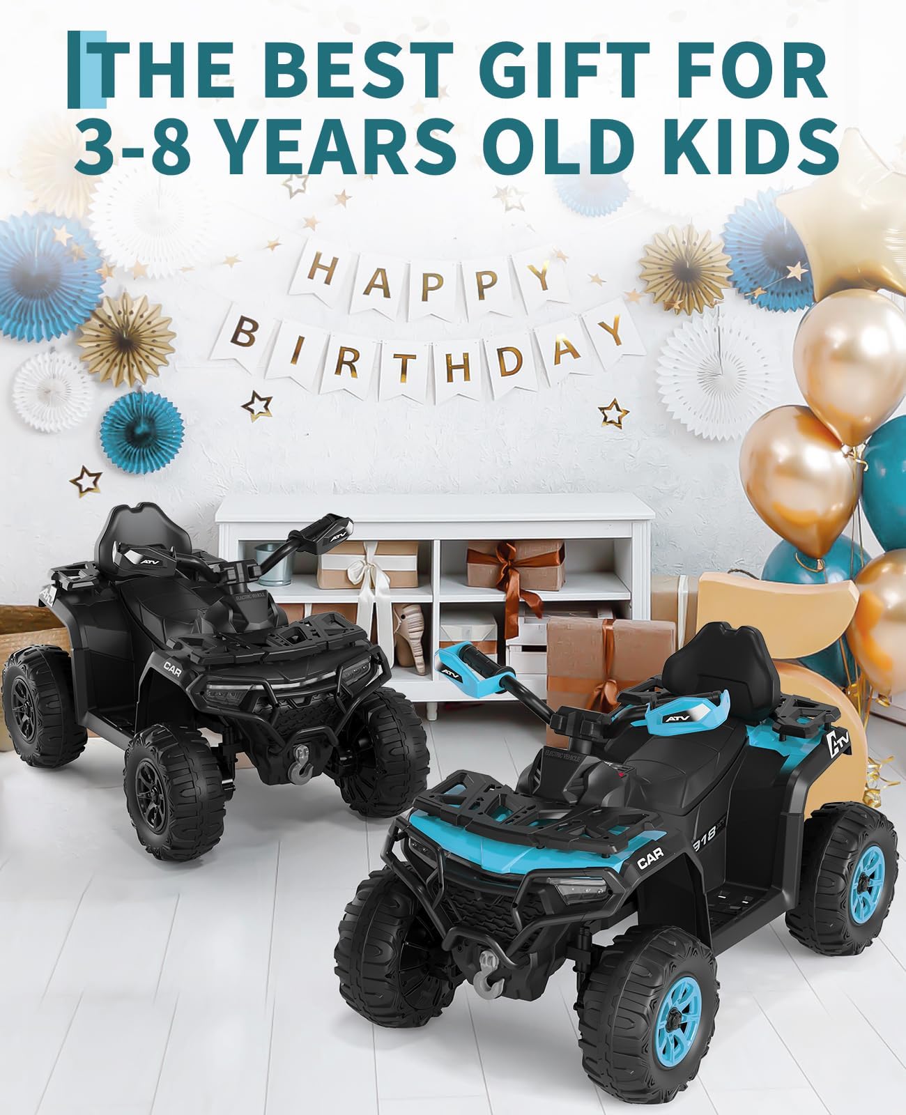 Elektro Quad Für Kinder, 12V 4.5Ah Starke Batterie, 2X Antriebsmotoren, Offroad-Reifen, Musik-Player über USB/TF, LED-Scheinwerfer, Geschwindigkeit 3-8 Km/h, Für Kinder Ab 3-8 Jahre, Türkisblau - 4
