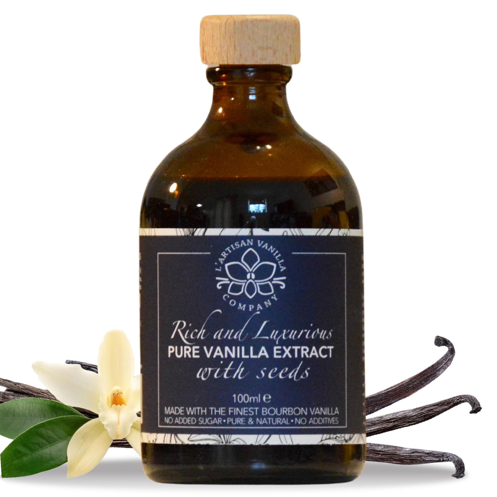 Rich & Luxurious, Pure, Natural Vanilla Extract, with Seeds. Double Strength. Made with Premium Gourmet Bourbon Vanilla (100ml)
