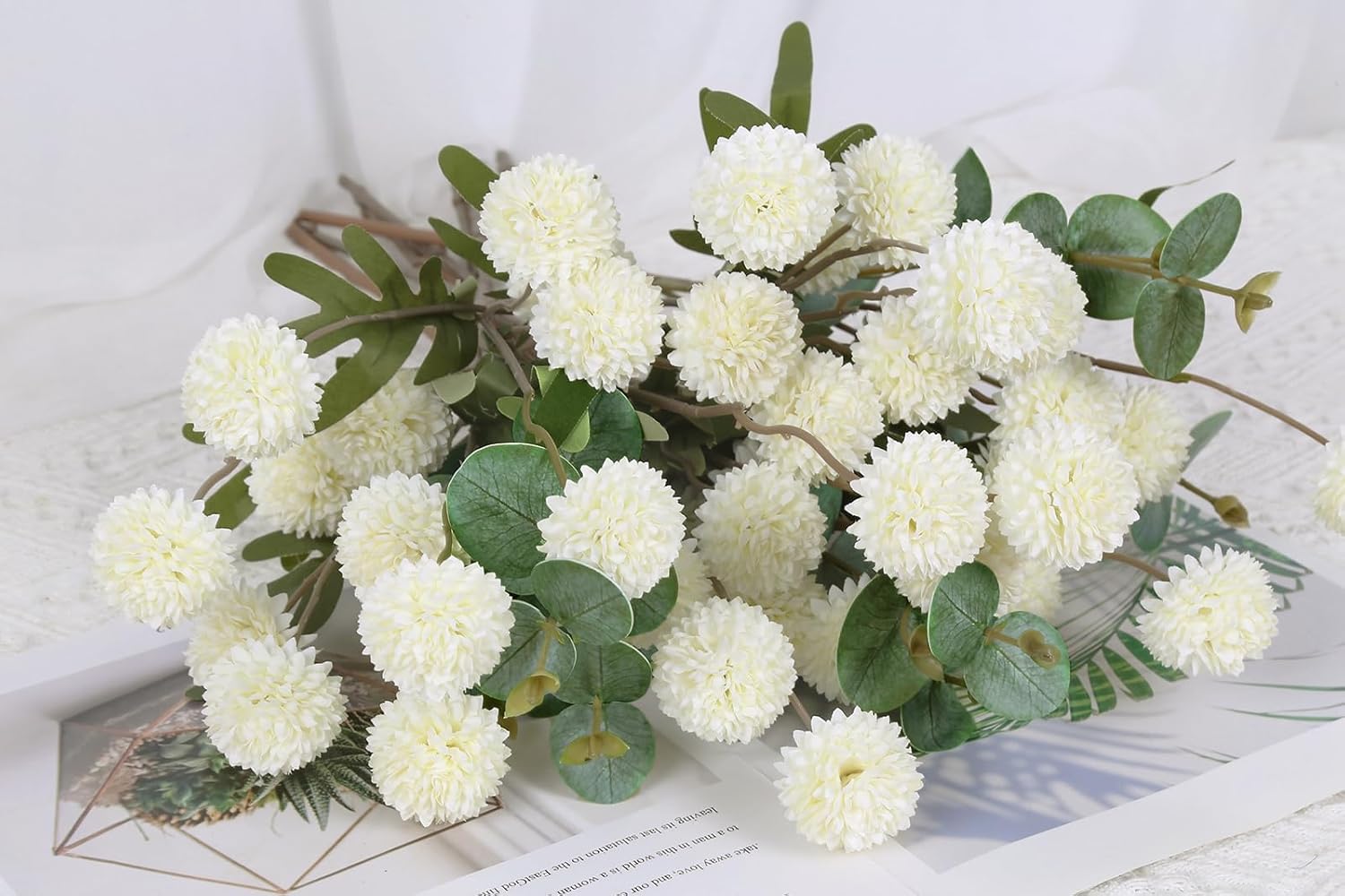 Fake Kiku Flowers,8 Stems Artificial Mum Flower with 3 Branches Eucalyptus Stems White Faux Flowers Silk Pom Pom Balls for Wedding Bouquet Home Office Party Floral Arrangements(White)
