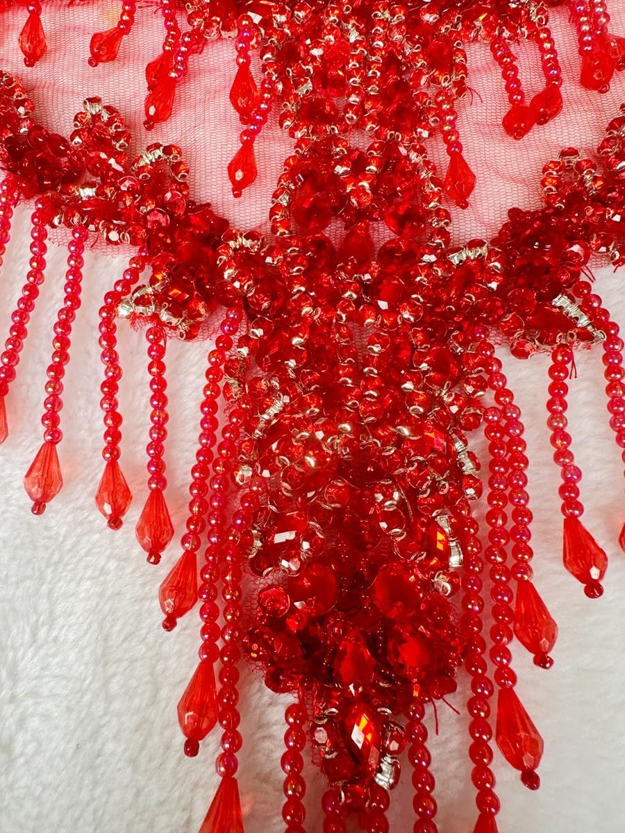Handmade Crystal on lace Applique Sewing Rhinestones Fringe Beads Sequins Patches Trim Luxury Decoration Accessories for Wedding Dress 17X12.5inches (Red)