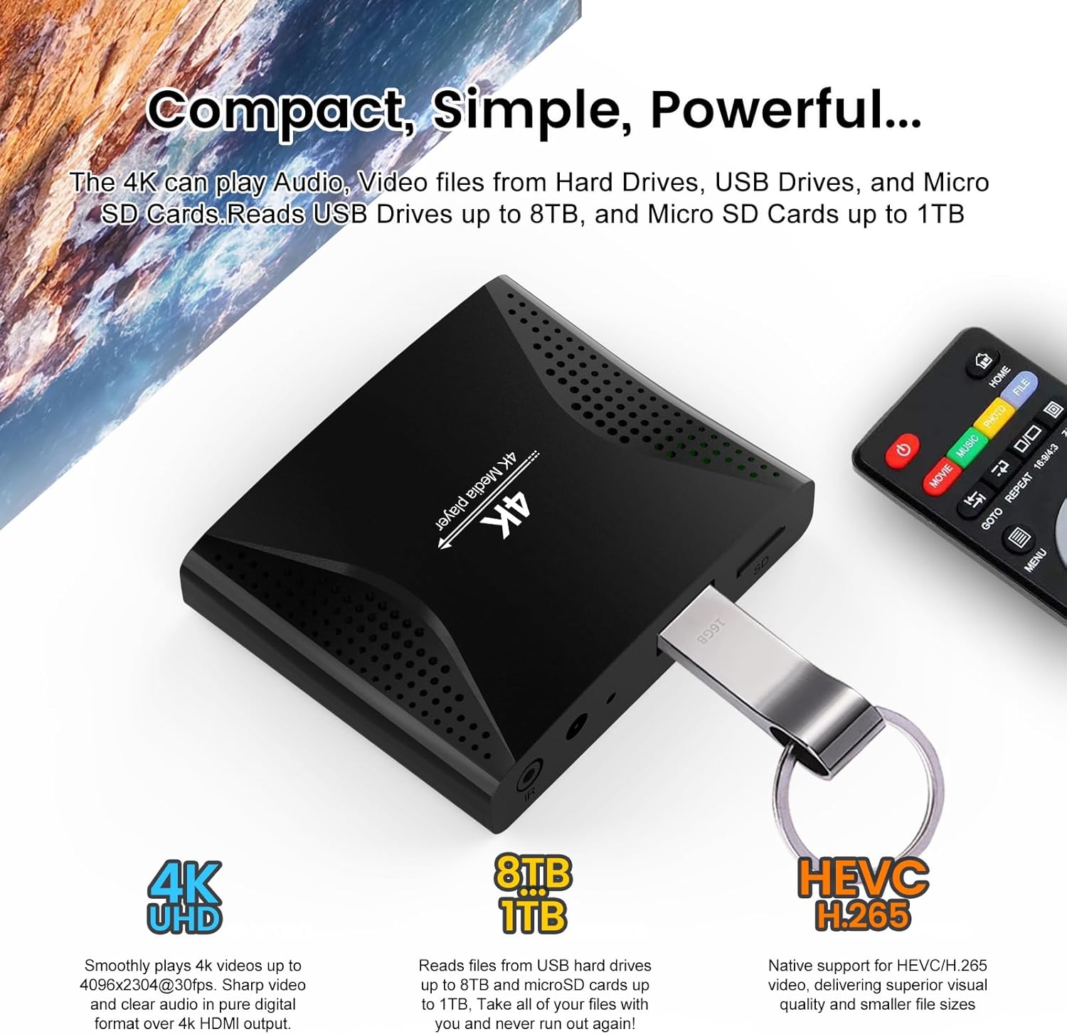 ZUMKUNM 4K Media Player with a USB drive inserted