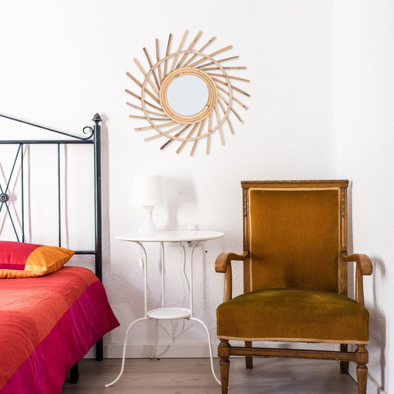 DECHOUS Gewebter Dekorativer Spiegel aus Rattan Handgefertigt Wandmontiert Kaffeefarben für Zuhause und Schlafzimmer Wanddekoration und Foto Requisite