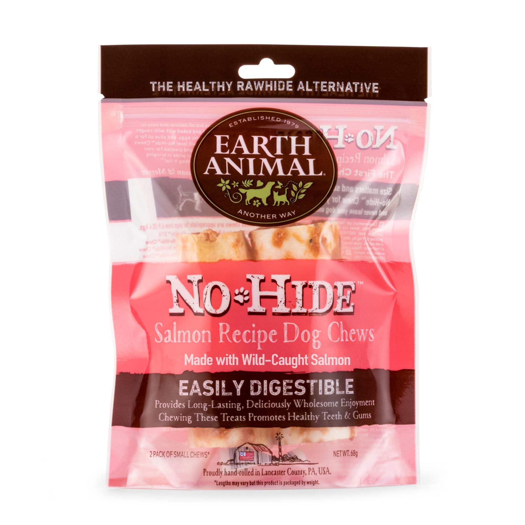 EARTH ANIMAL No Hide Golosinas masticables pequeñas con sabor a salmón, alternativa natural al cuero crudo, duradero, para perros | Golosinas para perros pequeños (1 paquete)