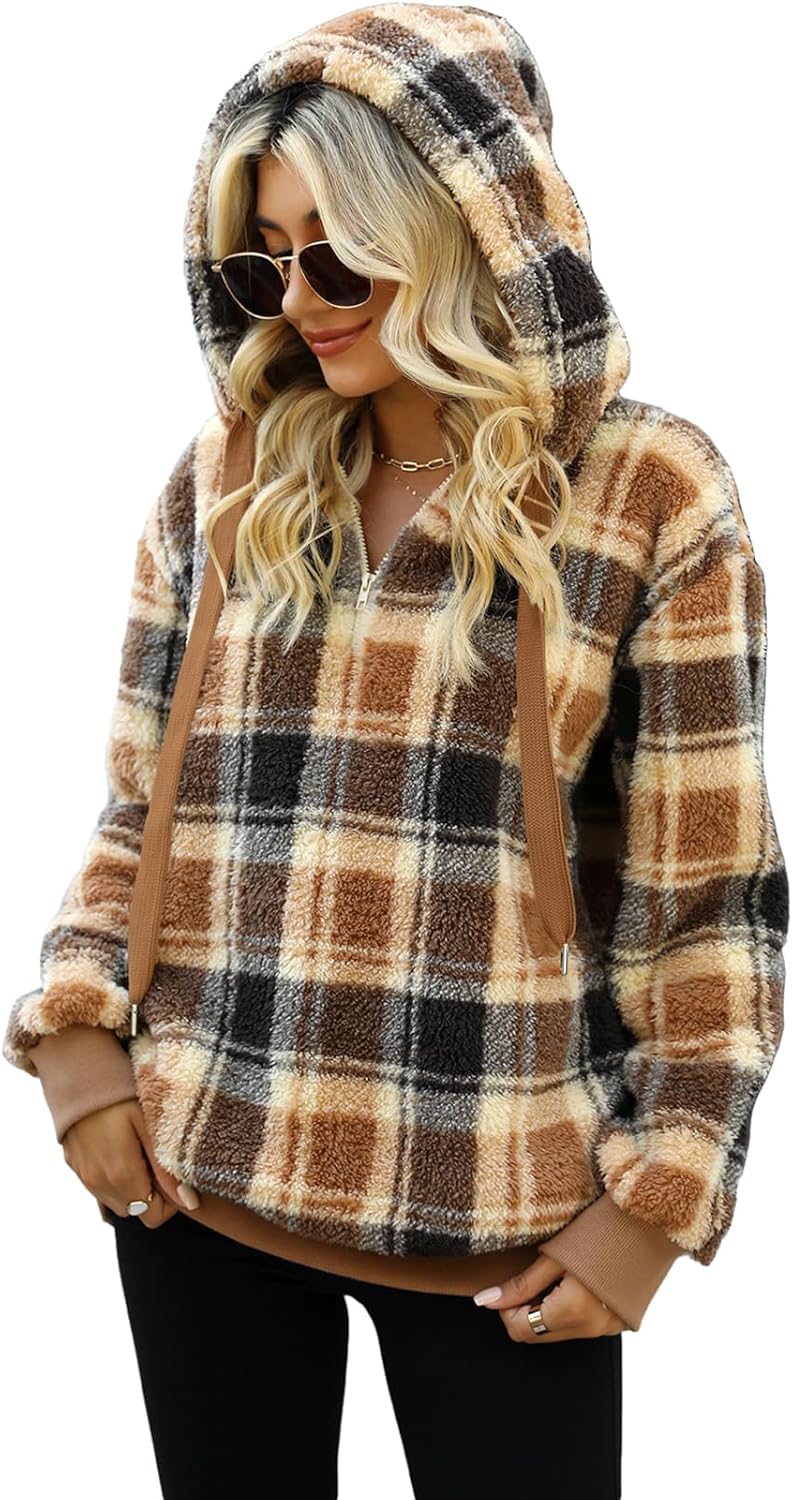 Nirovien Womens Sherpa Pullover Oversized Fuzzy Hoodie Double Fleece Sweatshirts Fluffy Plaid Outerwear Warm Coats - Image 7