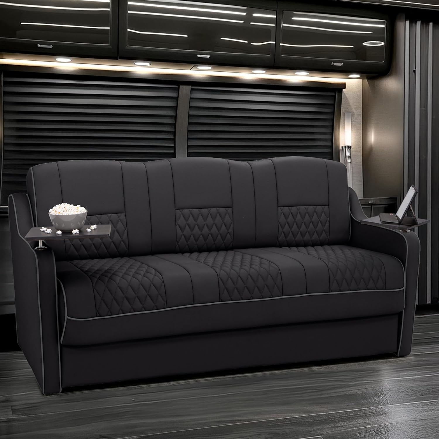 Gravitas DX RV Sofa Bed, 72" Wide, Ultimate Leather, Black and Charcoal