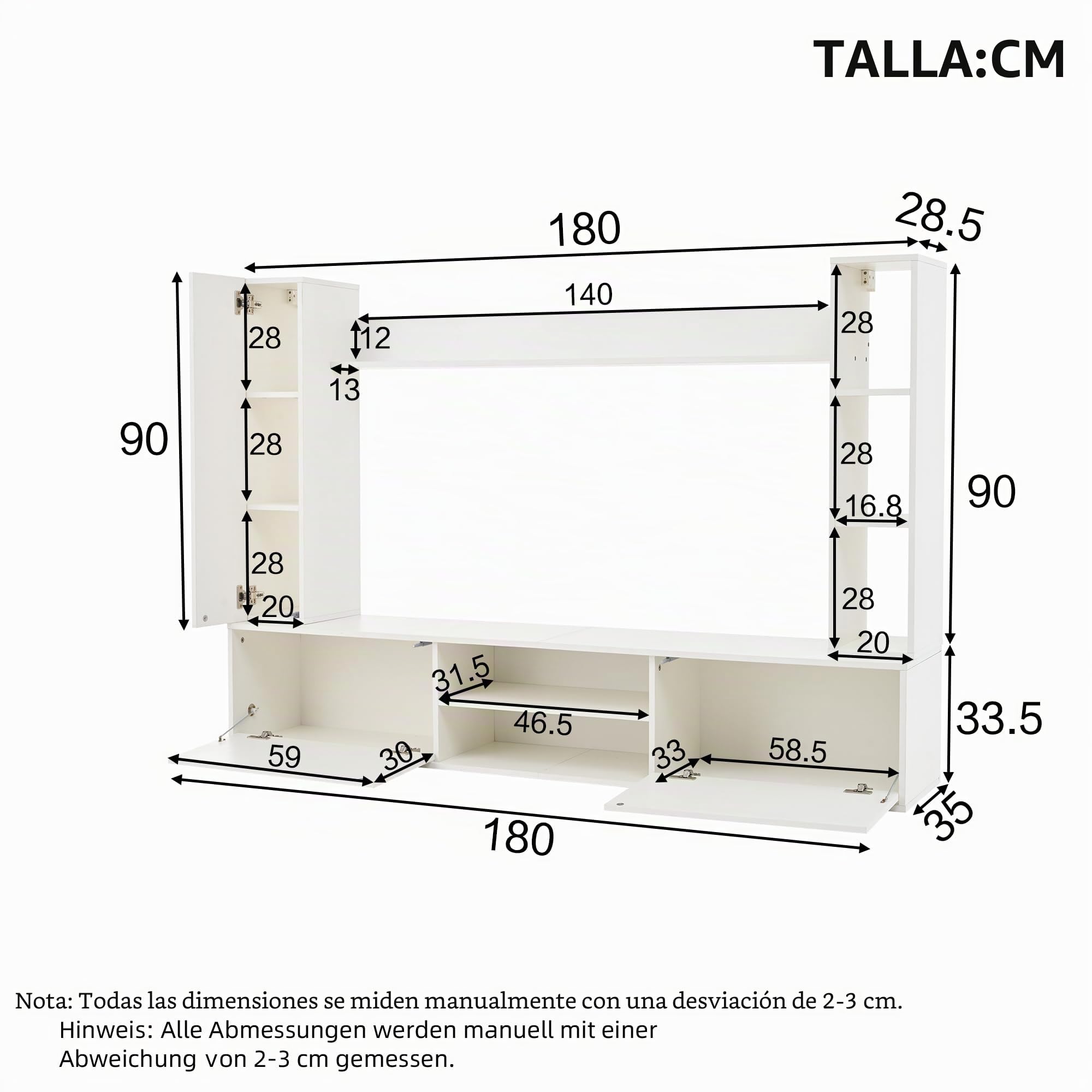 Juego de pared para TV de 180 x 35 x 33,5 cm con vitrinas (juego completo, 4 unidades), incluye tabla de TV, estantería de pie y 2 estantes de pared, juego de muebles de salón, mueble de TV