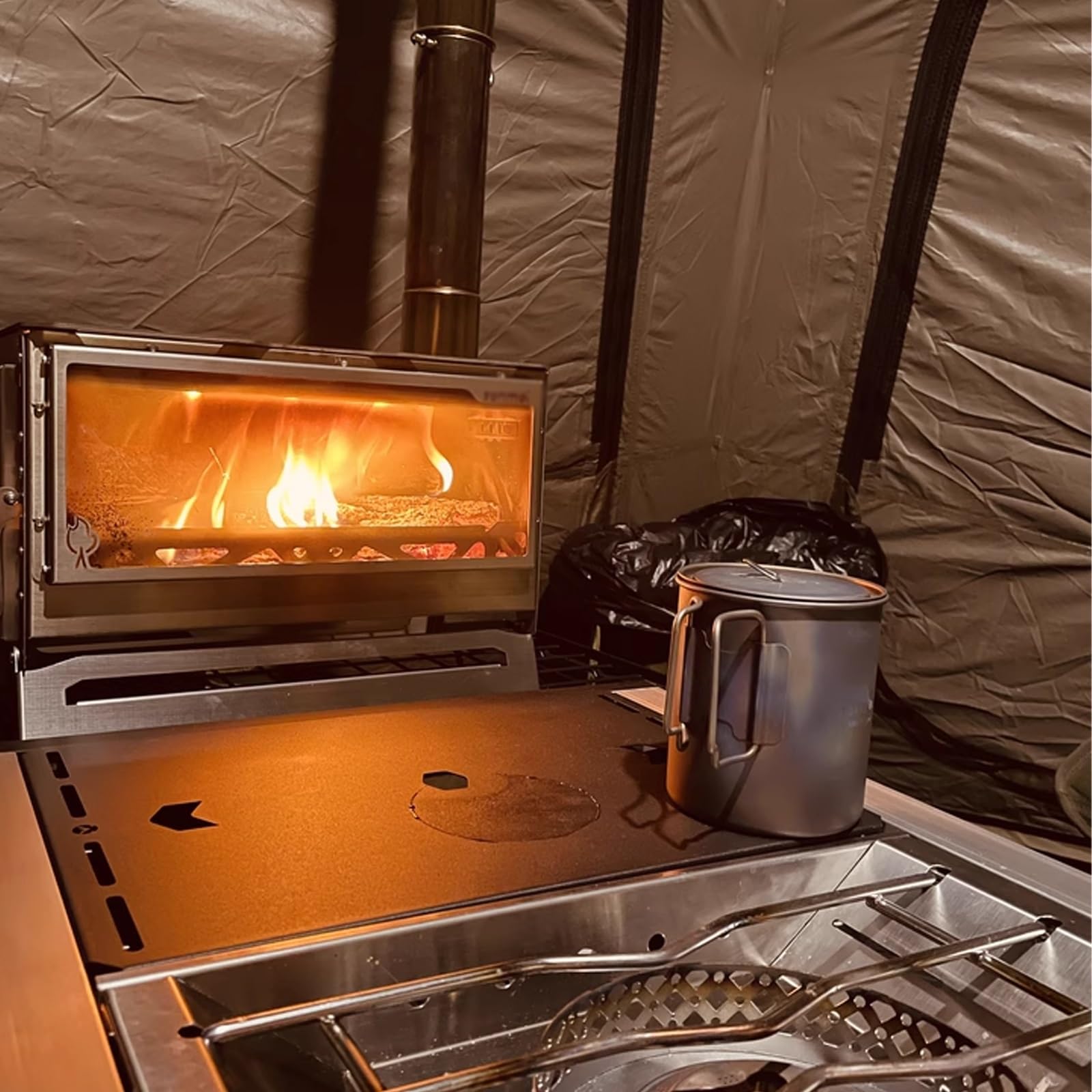 Stufa a Legna da Campeggio Acciaio Inossidabile 430 Finestra di Osservazione Bifacciale Cucine da Campeggio Tendas Presa D'aria Regolabile Adatto a Soggiorni e Terrazze(34 * 18 * 23.7cm)