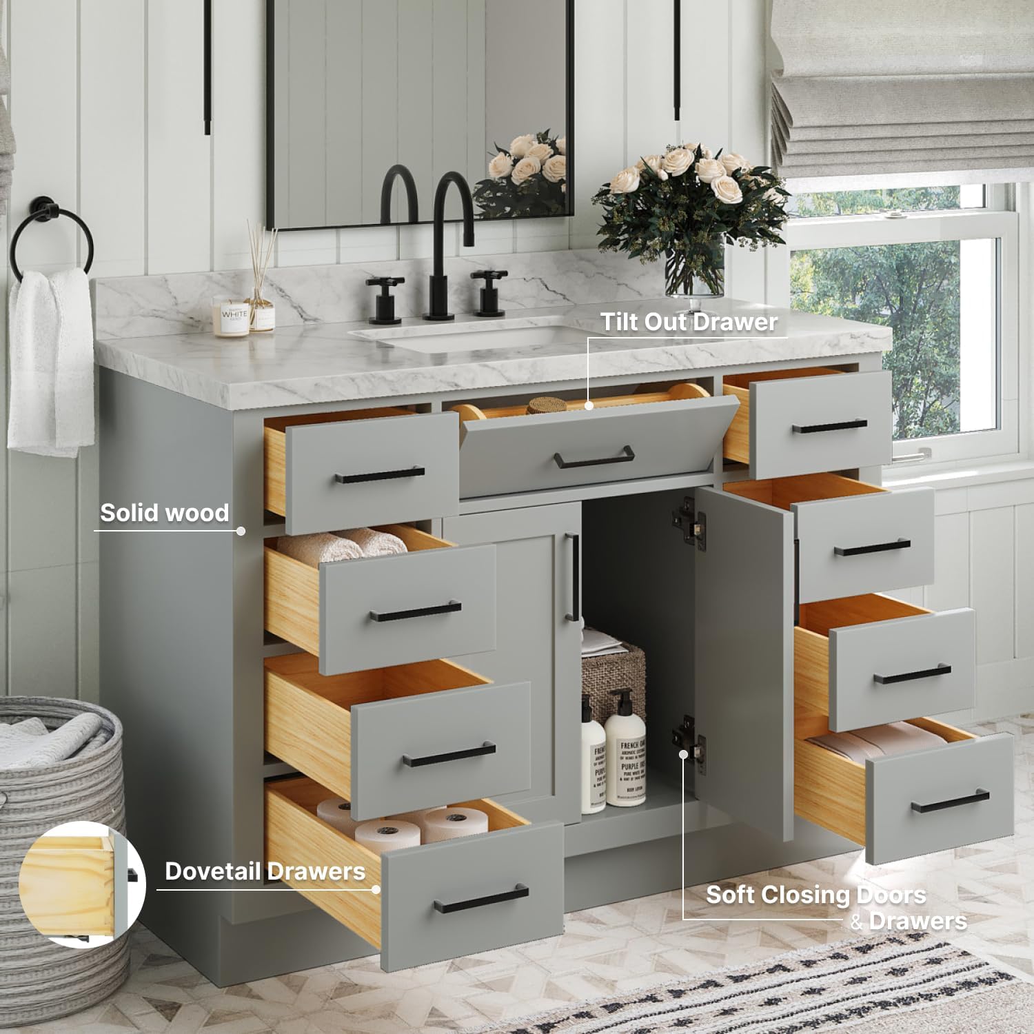 Intern view tal-vanità ARIEL Hepburn li turi bibien miftuħa li jingħalqu bil-mod u kxaxen b'denb tad-daħla, inkluż kxaxen li jinqaleb 'il barra.