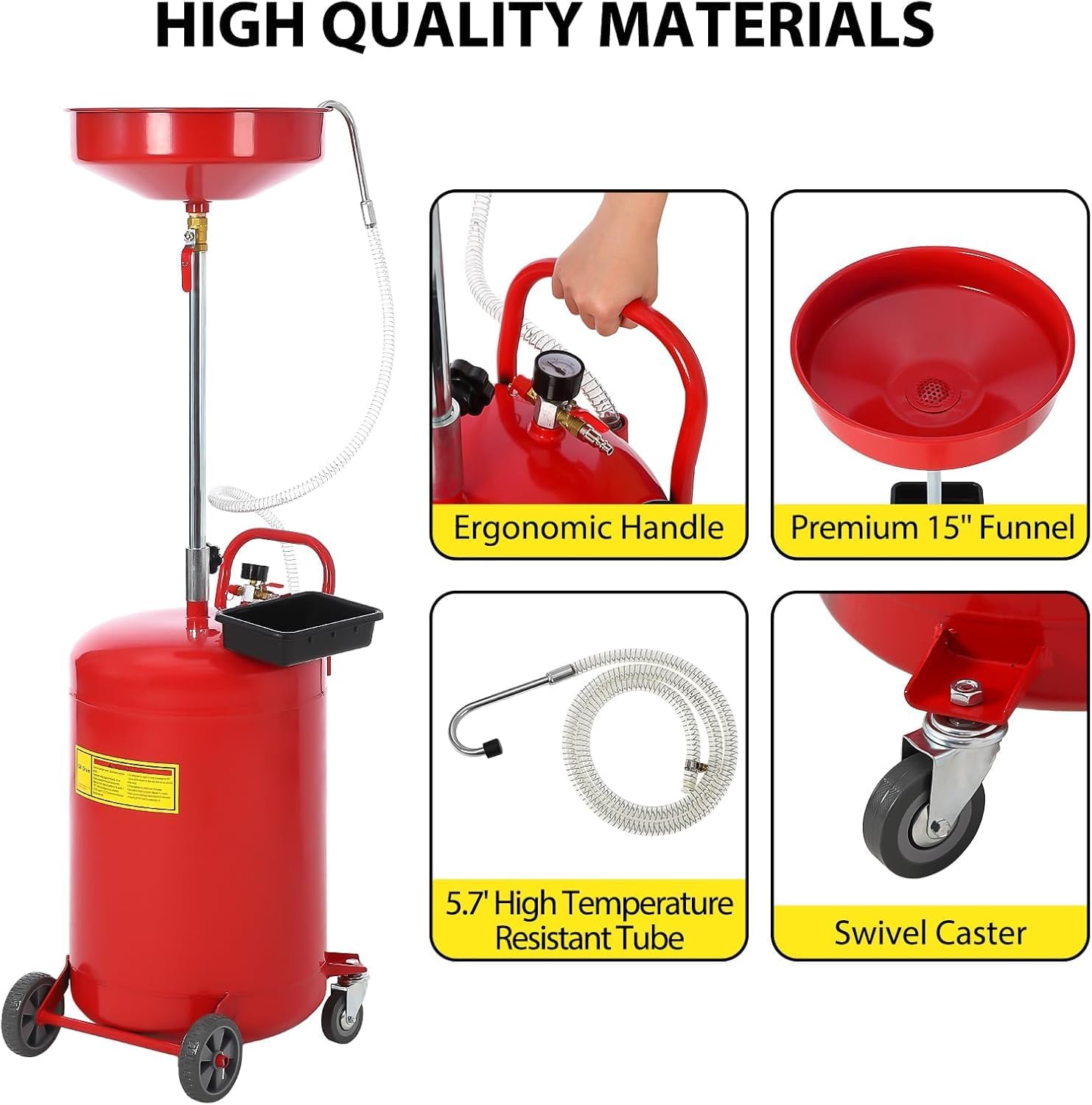 20 Gallon Waste Oil Change Tank, Portable Air Operated Fluid Drainer for Oil Change with Adjustable Height, Heavy Duty Construction with Wheels
