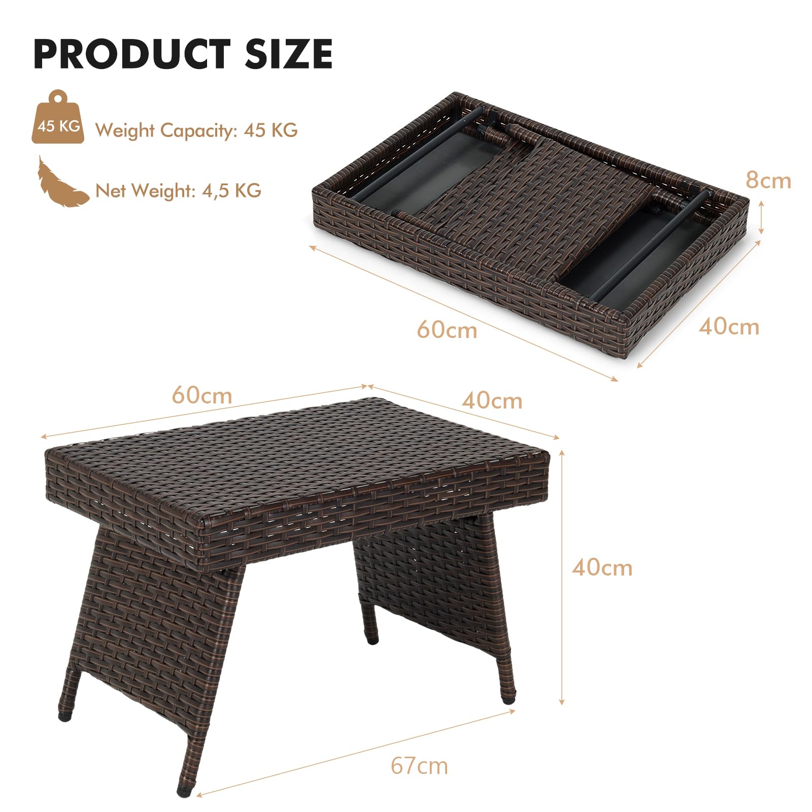 GIANTEX Tavolino Piegnevole in Rattan e Metallo, Tavolino Salvaspazio da Campeggio Leggero con Carico di 45 kg, Nessun Montaggio, Design Multiuso per all'Aperto/l'Interno, 60 x 40 x 40 cm