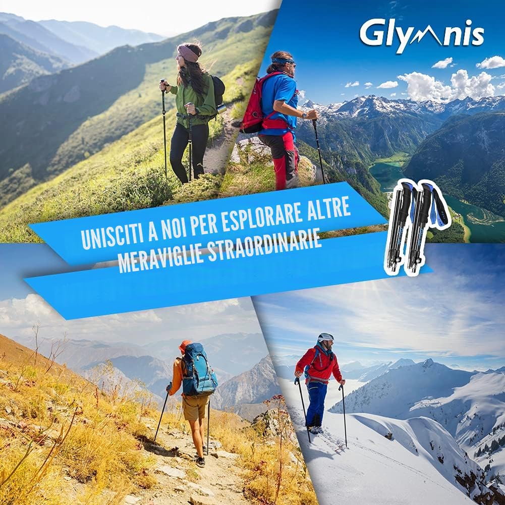 Glymnis Bastoni Trekking Bastoncini da Trekking Pieghevoli e Antiurto 110-130cm 5 Senzioni in Alluminio 7075 Impugnatura in Eva Punta in Carburo di Tungsteno Perfetti per Escursioni