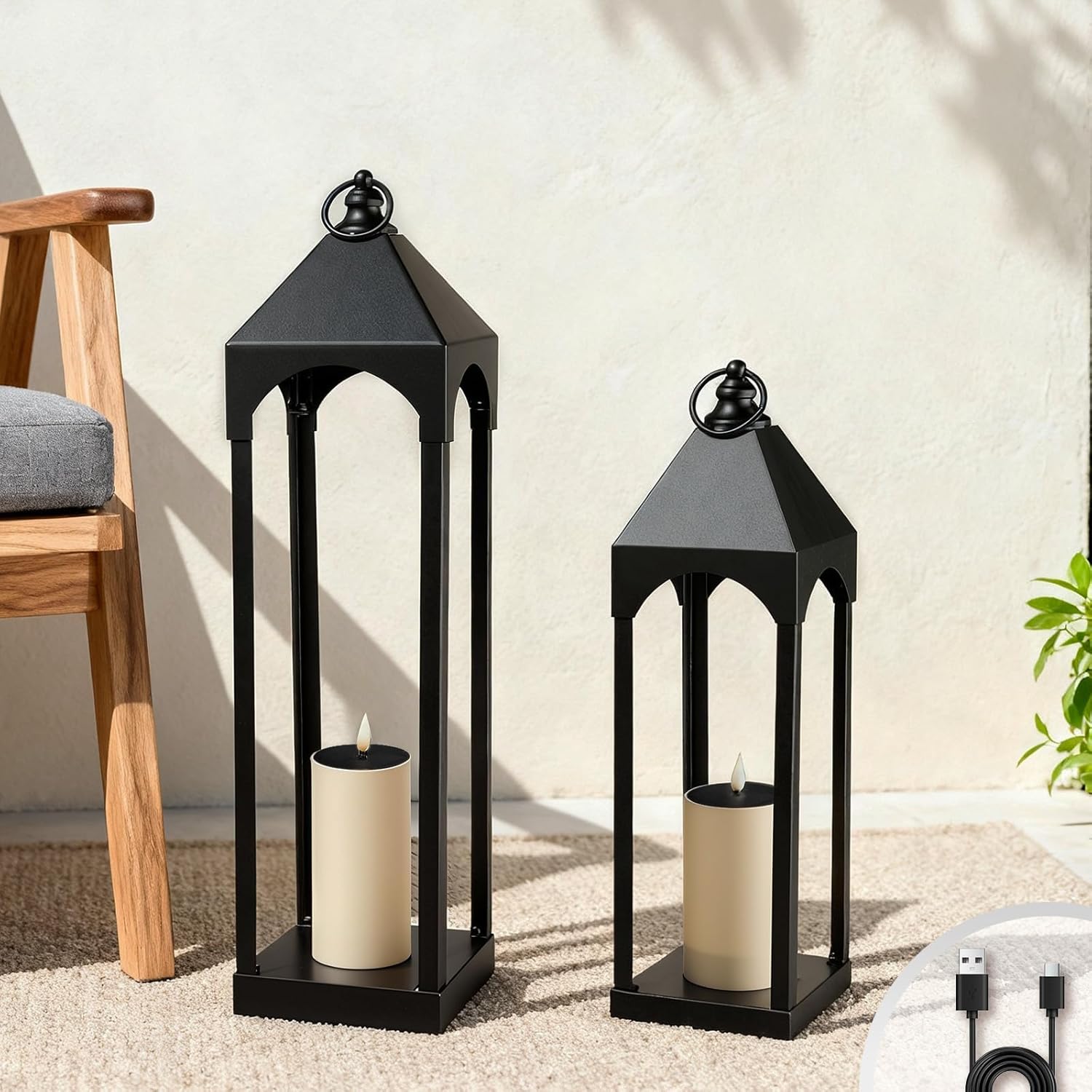 Giant Photo voltaic Outside Lanterns, 24″ & 18″ Tall Black Steel Waterproof Ornamental Candle Lantern for Entrance Porch Patio Desk Indoor , Set of two