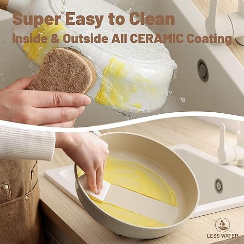 Miniatura 8 de SENSARTE - Juego de utensilios de cocina de cerámica antiadherente, ollas y sartenes no tóxicas y saludables, juego de cocina recubierto de Crema