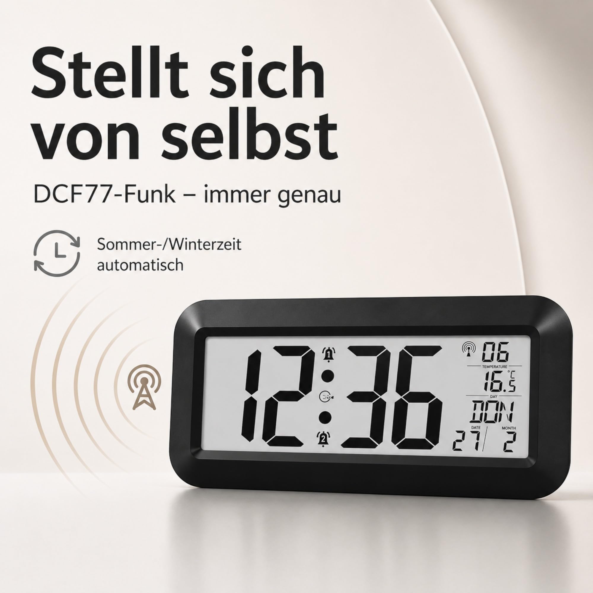 Mebus große Digitale Funkwanduhr mit XXL Ziffern | 42 x 20cm, DCF77 Funkuhr | Datum, Wochentag & Temperatur, 2 Weckzeiten mit Schlummerfunktion, perfekt für Büro, Werkstatt, Senioren | Tischuhr schwarz