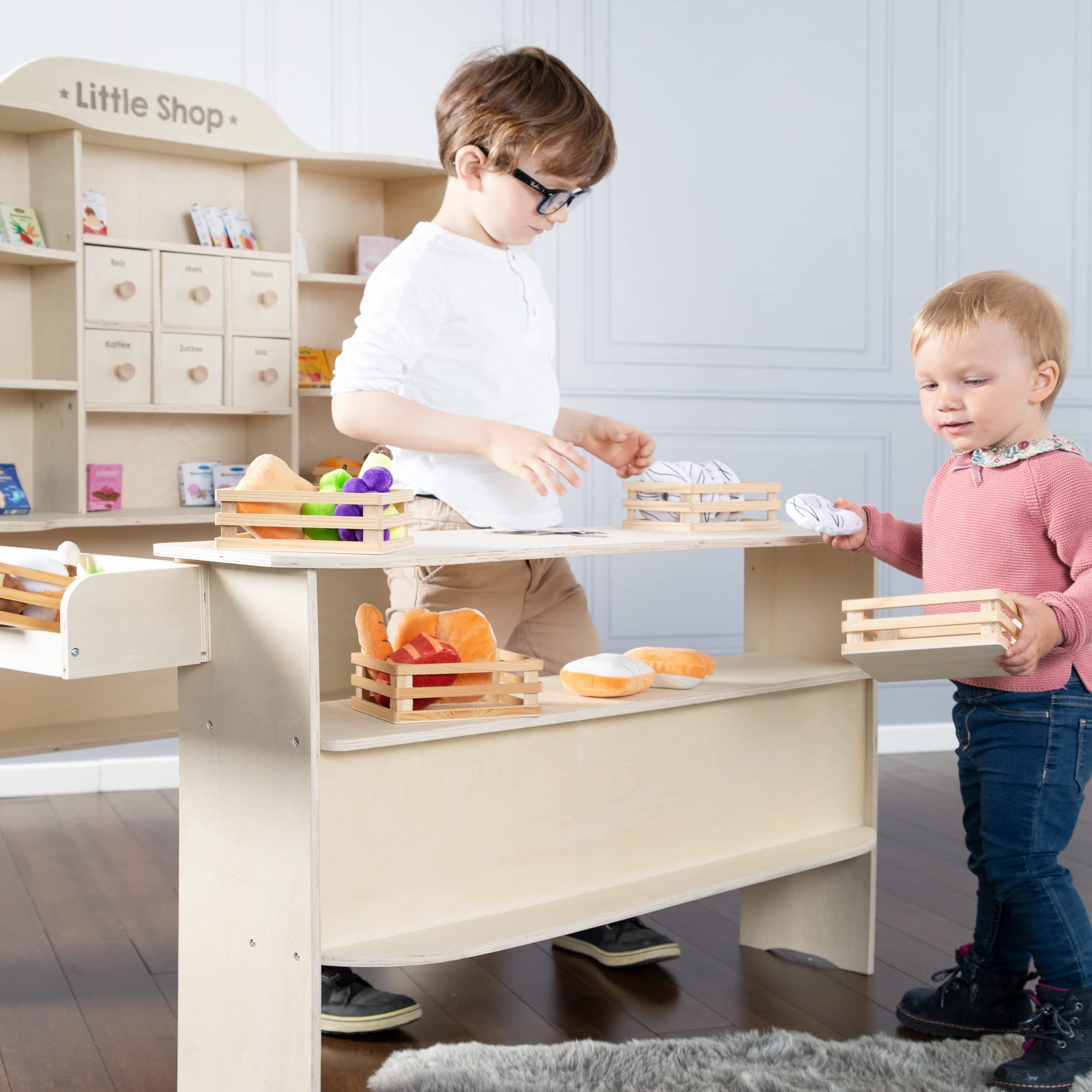 roba Kaufladen, großer Kinder Kaufmannsladen, inkl. Kaufladenzubehör, Holz natur, Verkaufsstand 6 Schubladen, Theke & Seitentheke