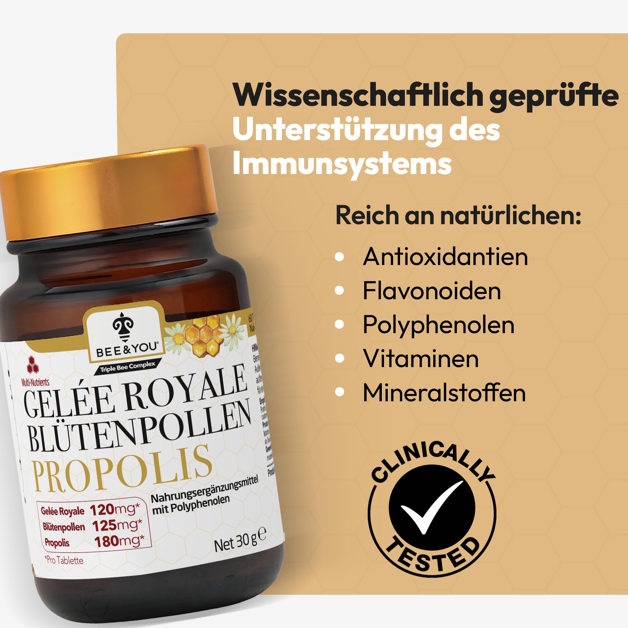 Bee&You Propolis,Gelée Royale,Blütenpollen Tabletten 500mg (60 Tabletten,Keine Zusatzstoffe,Fairer Handel,100% natürlich,ohne Zusatzsstoffe,hochdosiert, Schutzharz der Bienen,Kapseln,lange haltbar)