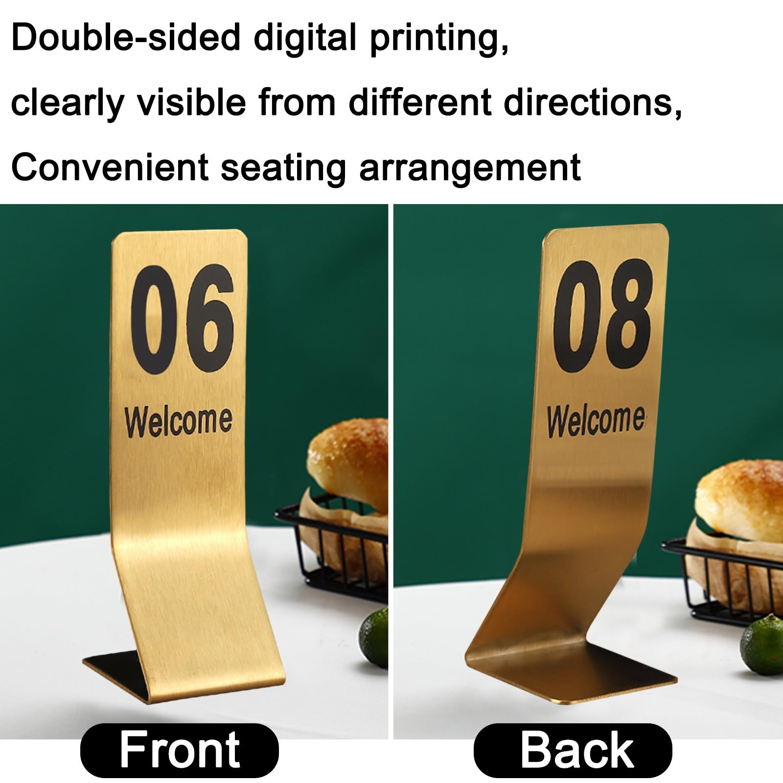 Letrero de metal con números de mesa 1-10 1-20, tarjetas de acero inoxidable, superficie resistente a los arañazos, doble cara para facilitar el arreglo de asientos, perfecto para eventos y fiestas