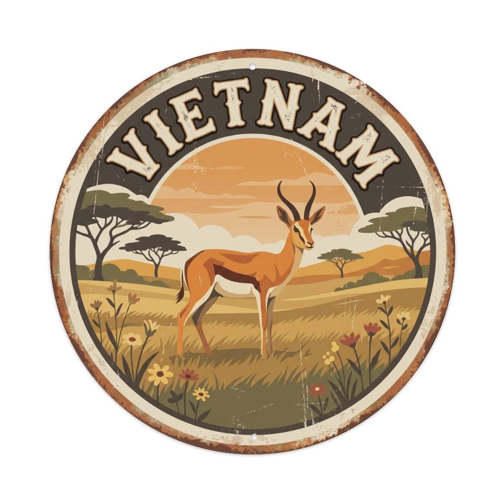 Vietnam Springbok Grassland Sunset Metal Tin Sign