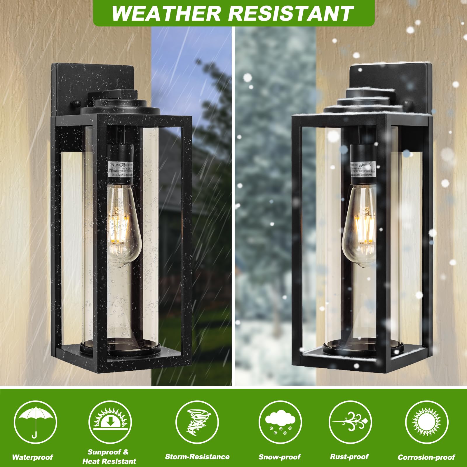 16inch Large Outdoor Wall Lights - 2 Packs Modern Black Exterior Light Fixture with Clear Glass Shade Waterproof — view 2