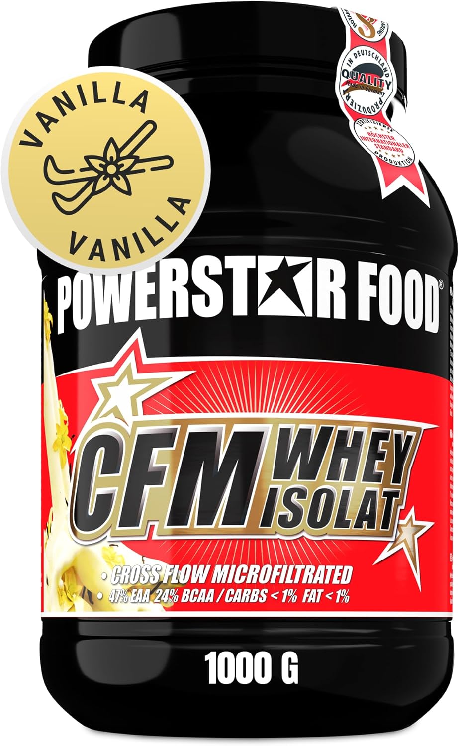 Powerstar 100% CFM WHEY ISOLAT 1000 g | 96,5% Eiwit i.Tr. | Iso Whey Proteïn-Poeder voor Spieropbouw | Duitse Productie | Hooggedoseerd Eiwit-Poeder uit Weidemelk | 100% Oplosbaar | Vanilla