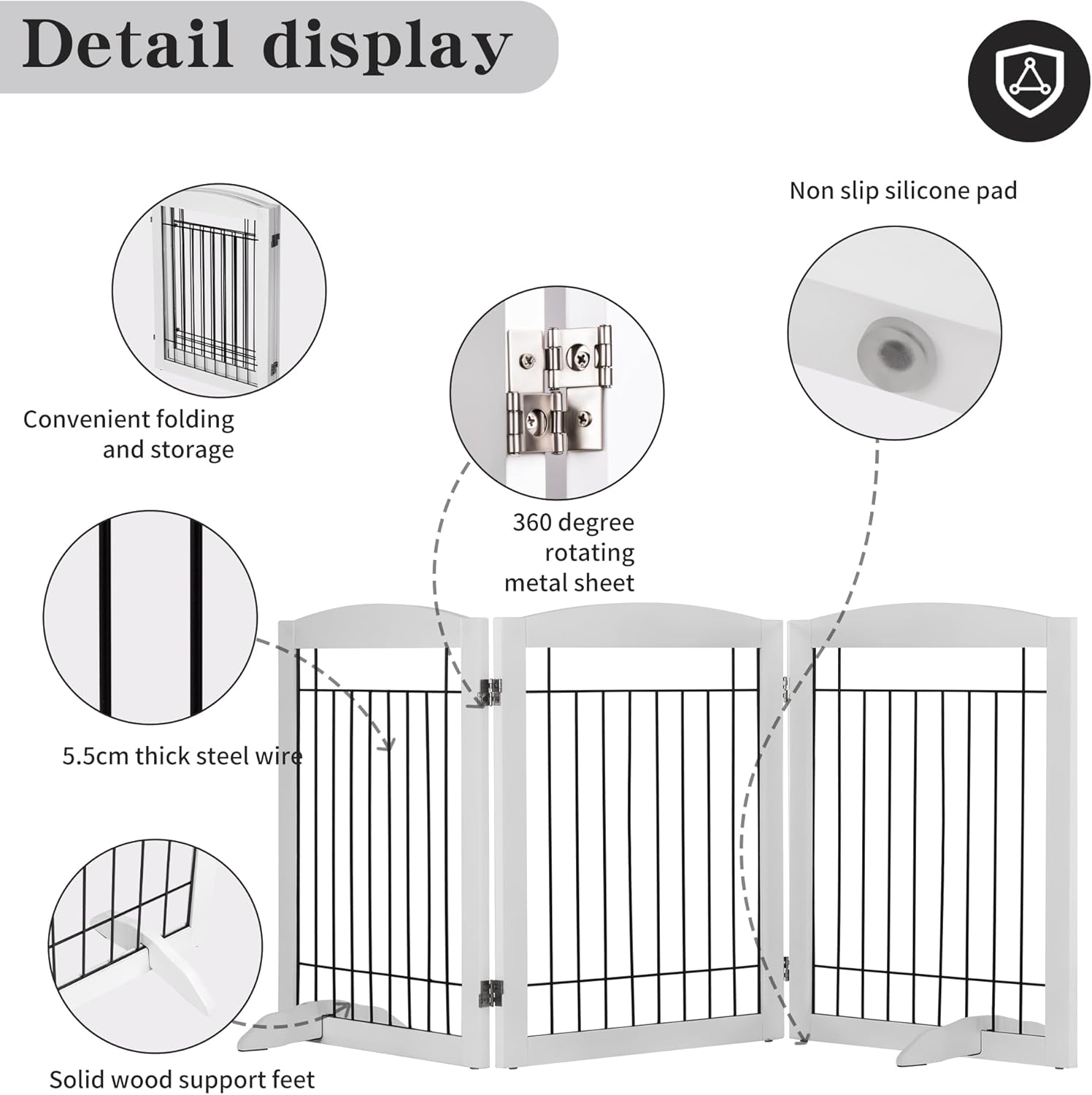 Freestanding Pet Gate with Door, Foldable Wooden Indoor Dog Gate for House, Stairs, Pet Puppy Safety Dog Fence, Doorways 32” Tall Pet Gate 4 Panels Fence with Feet Support,White