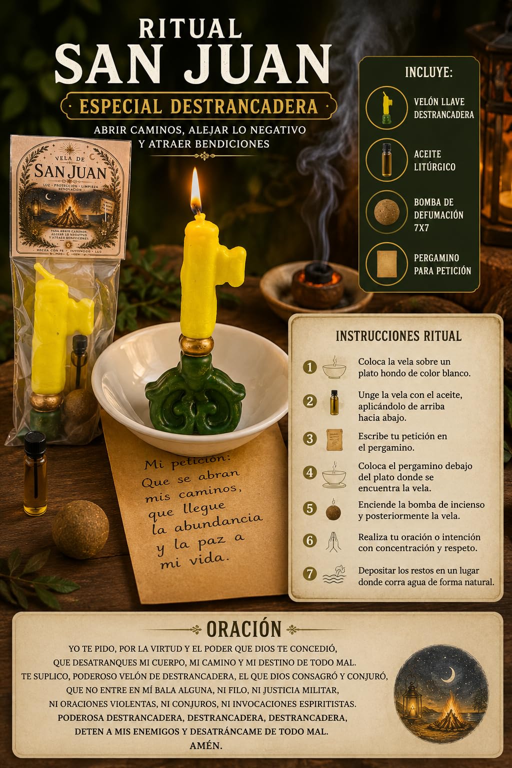 HOSTENATURA | Ritual Especial San Juan Destrancadera | Abrir Caminos, Alejar Energías Negativas y Atraer Bendiciones | Incluye Velón Llave, Aceite Ritual y Bomba 7x7