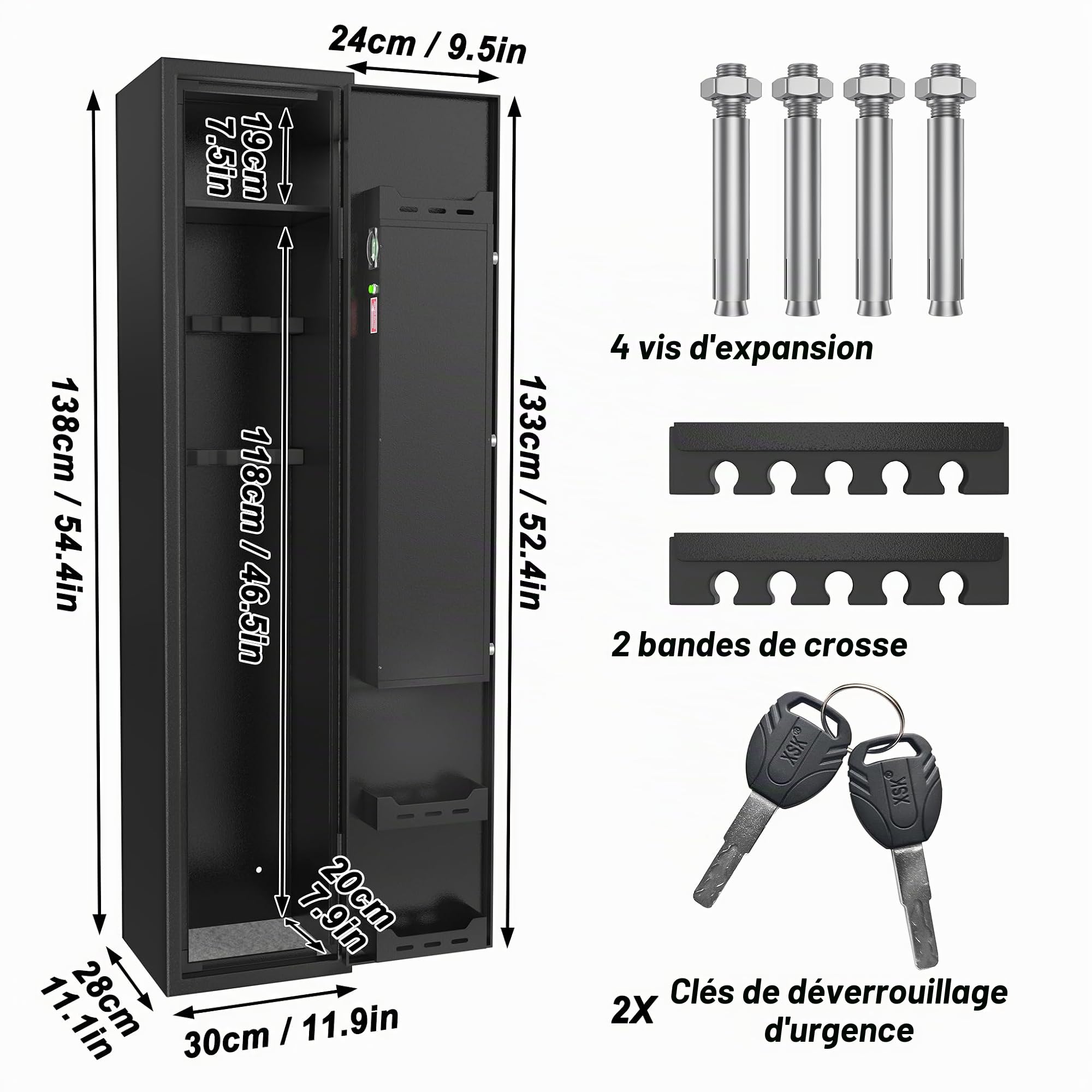YUENFONG Armoire à armes à munitions pour 3 à 5 fusils - Coffre-fort à armes avec serrure électronique - Avec 2 clés - Réglable - Noir