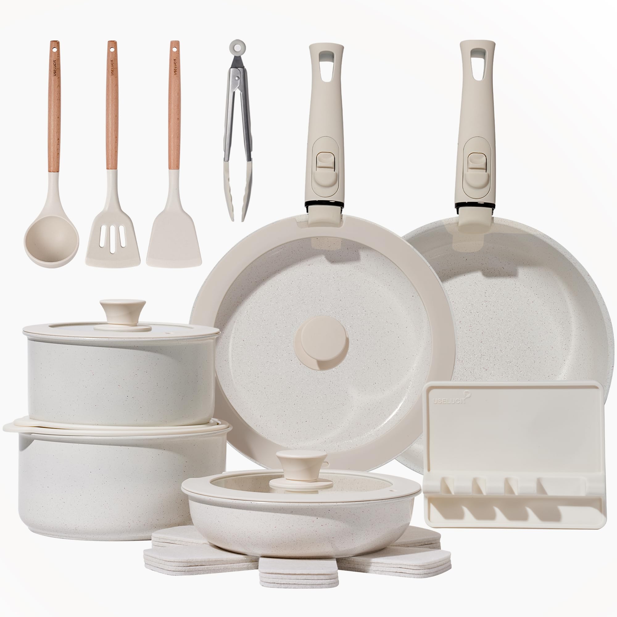 USELUCK 21-Piece Cream White Non-Stick Ceramic Cookware Set with