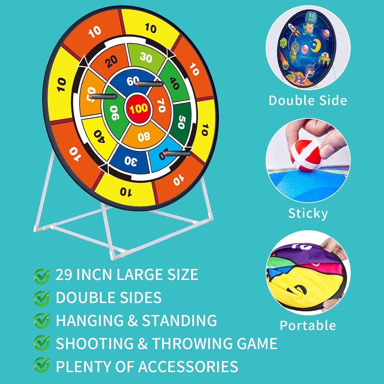 Double-Sided Dart Board Garden Game for Kids, 29 Inch Dartboard Standing & Hanging Shooting Toy Set with 2 Toy Guns, Indoor Outdoor Garden Carnival Party Game Fun for 3 4 5 6 7 8+ Year Old Boys Girls