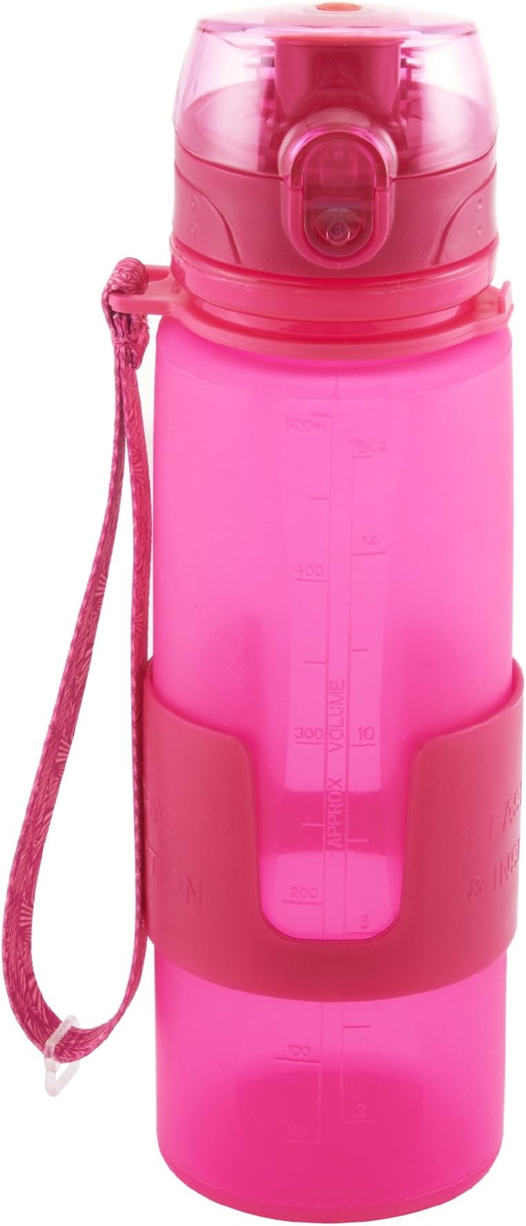 Design for Living 5141332 Silicone Water Bottle with Flip Top Lid and Strap, 16-Ounce, Pink