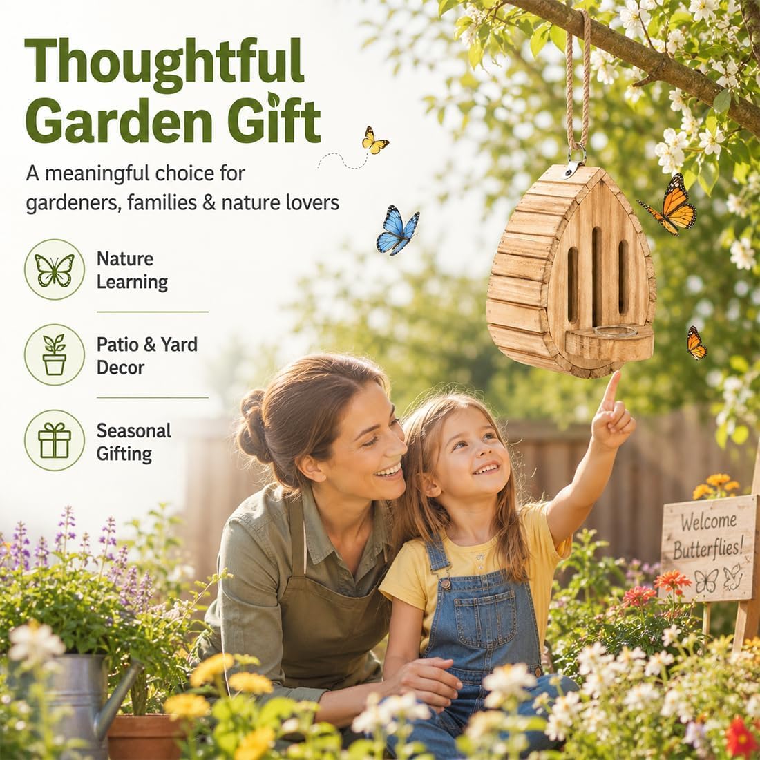 Schmetterlingshaus, Schmetterlingshotel aus Holz mit Seil & Futterstation, Bienenhotel Wetterfest, Wildbienen Nisthilfe, Insektenhotel für Bienen, Marienkäfer, Schmetterling Garten，2 Stück