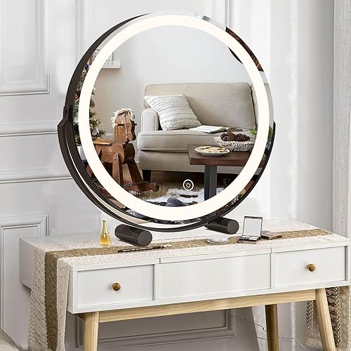 Miniatura 9 de Espejo de maquillaje con luces, espejo de tocador grande iluminado, pantalla de control táctil inteligente y rotación de 360 grados con espejo de