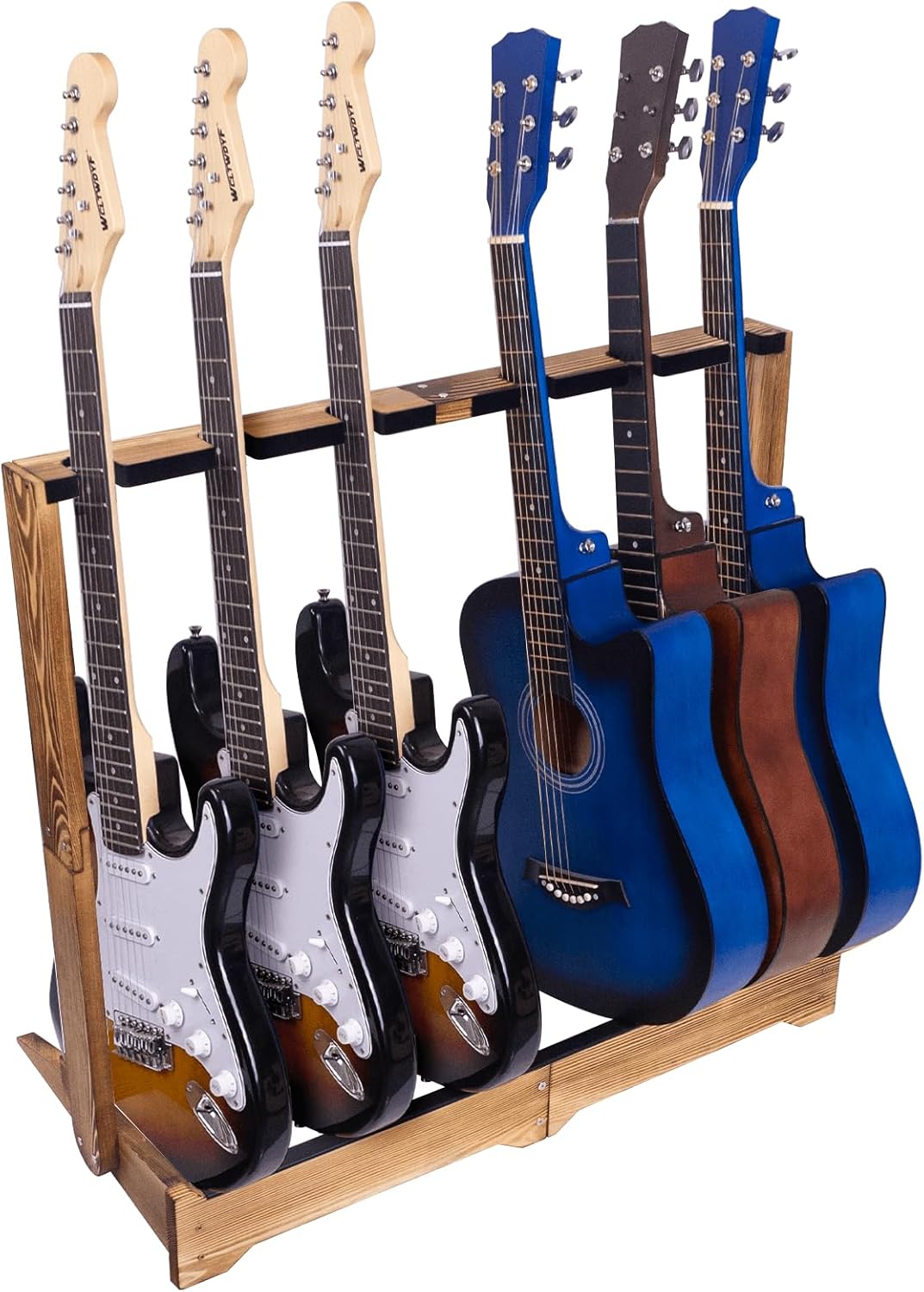 WodGod Multi-Guitar Stand 6 Slot Wooden Guitar Holder with Detachable Assembly Non-Slip Scratch-Proof Design,Designed for Electric, Acoustic, Bass Guitars & Cases,Modern Home Decor